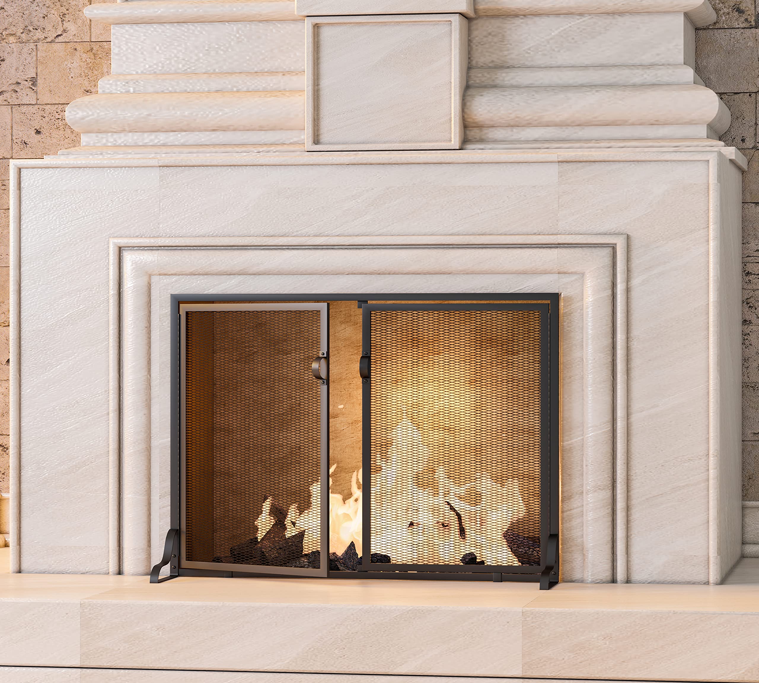 Kingson 37.8X30.7 In Flat Fireplace Screen With Doors, 2-Pannel Handcrafted Solid Wrought Iron Decorative Mesh Classic Fireplace