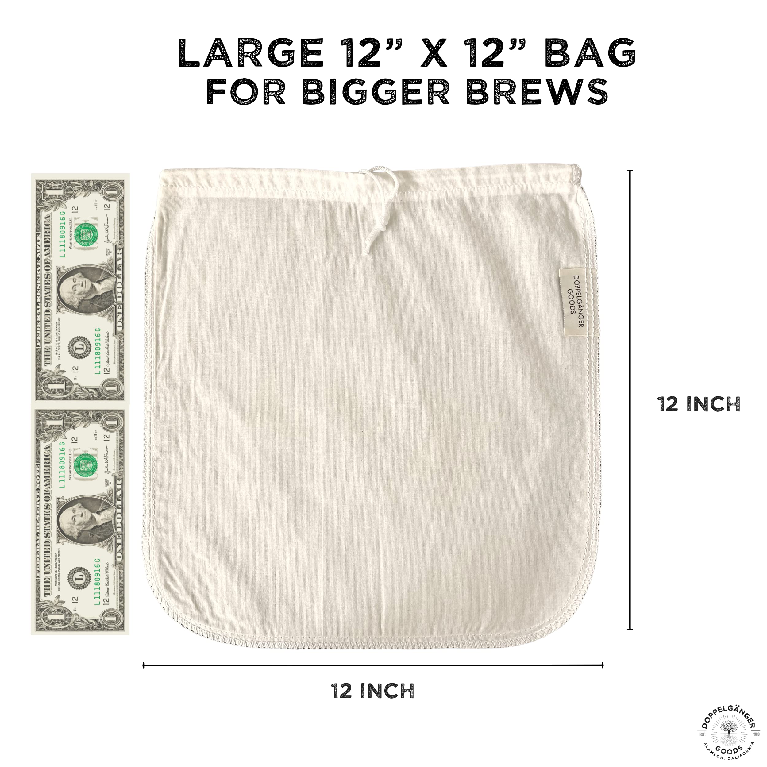 (2-Pack) Organic Cotton Cold Brew Coffee Bag - Designed In California - Reusable Coffee Filter With Easyopen Drawstring Cold Bre