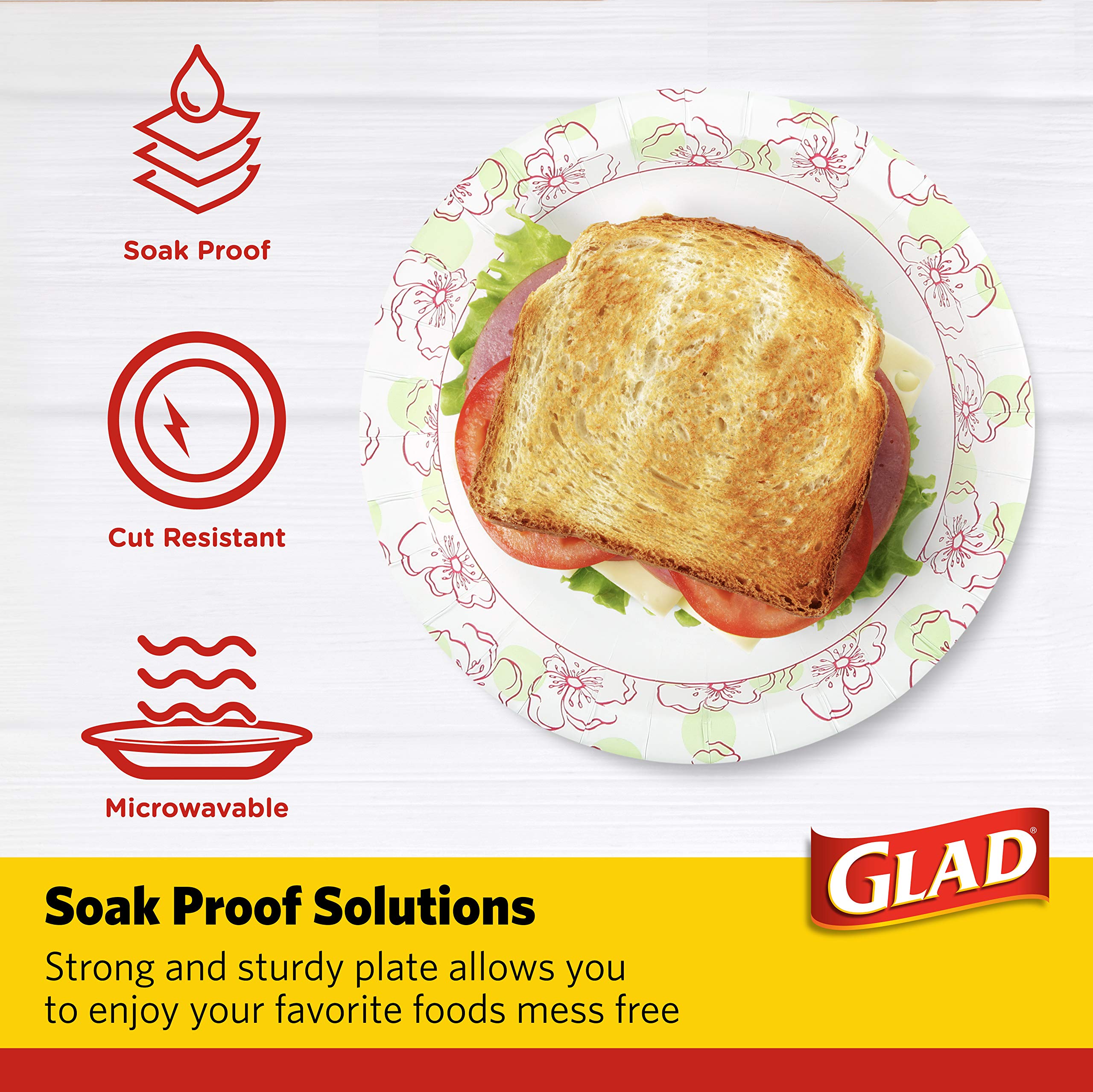 Glad Disposable Paper Plates For All Occasions | Round Soak Proof, Cut Proof, Microwaveable Heavy Duty Disposable Plates | 8.5