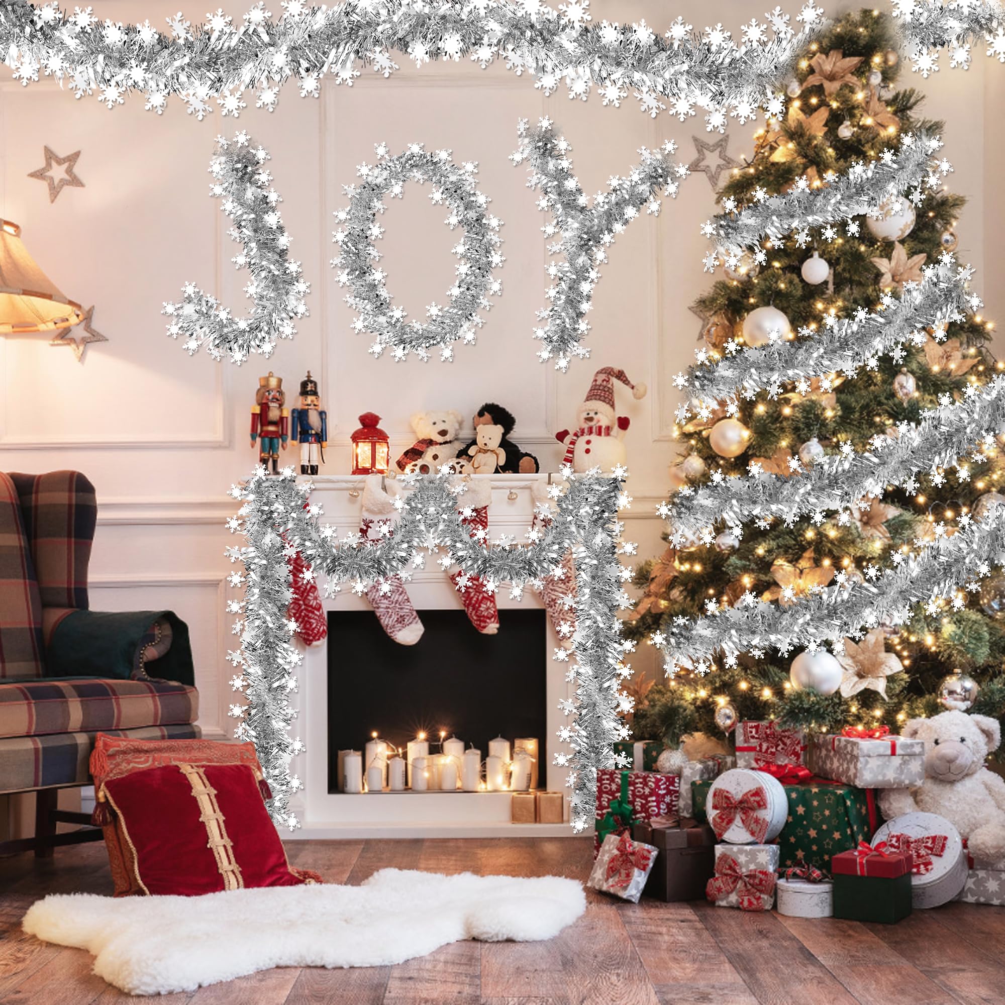 50 FT Christmas Decorations Tinsel Garland, Christmas Snowflake Garland Xmas Shiny Twist Metallic Garlands Decorations for Xmas