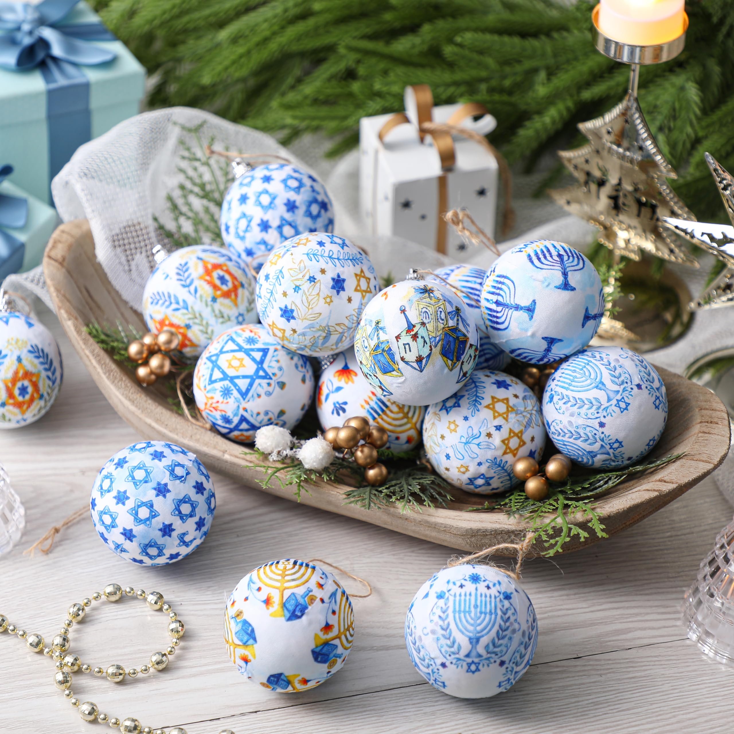Outus 16 Pcs Hanukkah Ball Ornaments Hanukkah Hanging Ornament for Tree Blue and White Jewish Christmas Decorations for Tree Sta