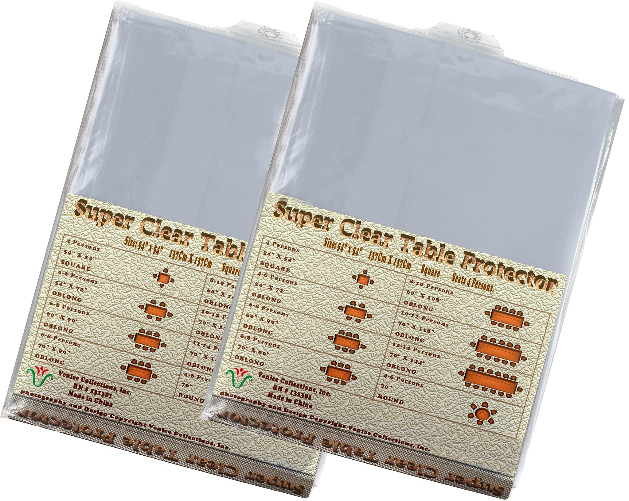 Venice Collections Super Clear Extra Heavy Duty, Durable 100% Vinyl Tablecloth Protector & Table Cover 2 Pack 54 X 54 Inches Squ