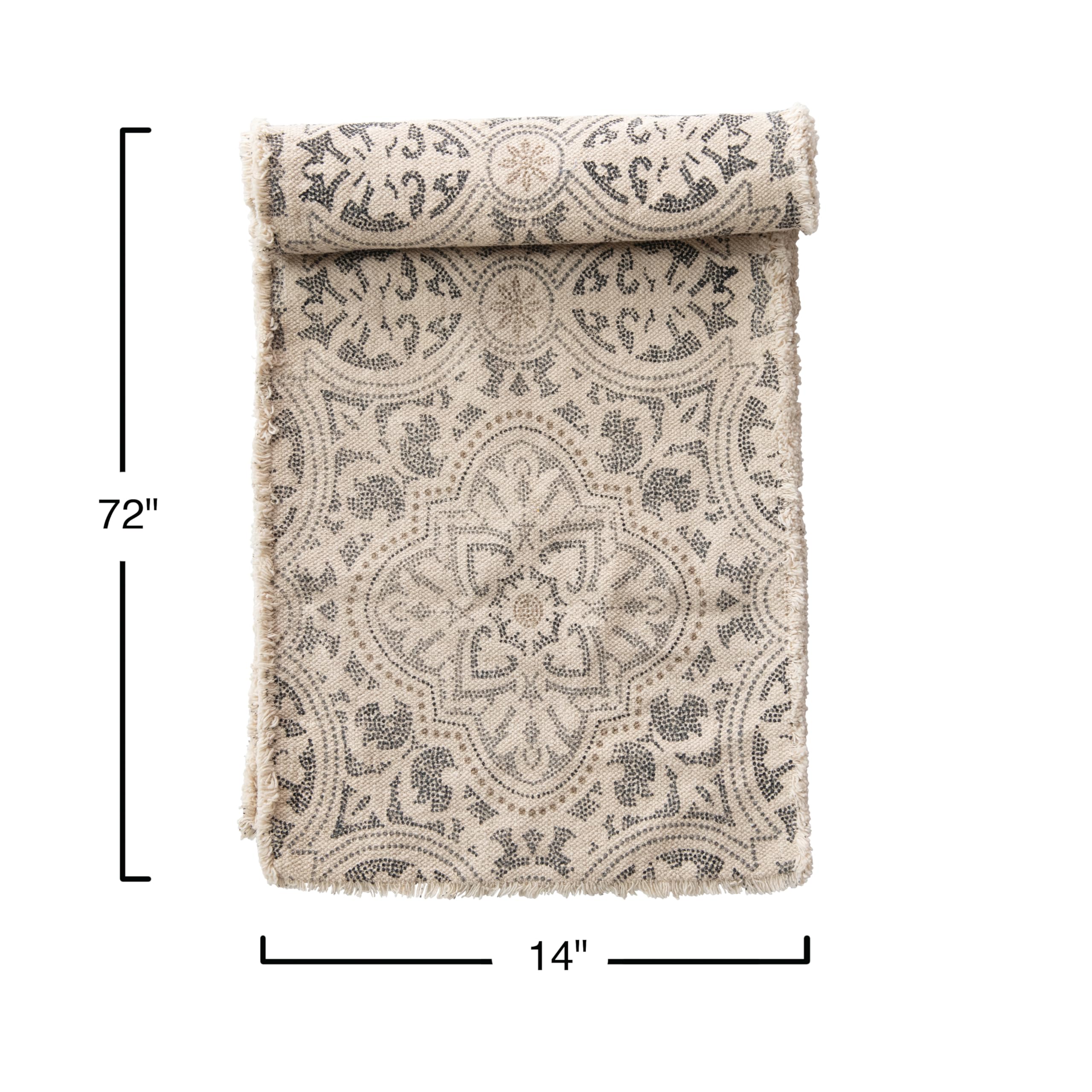 Bloomingville Grey And Cream Cotton Printed Table Frayed Edge Runner