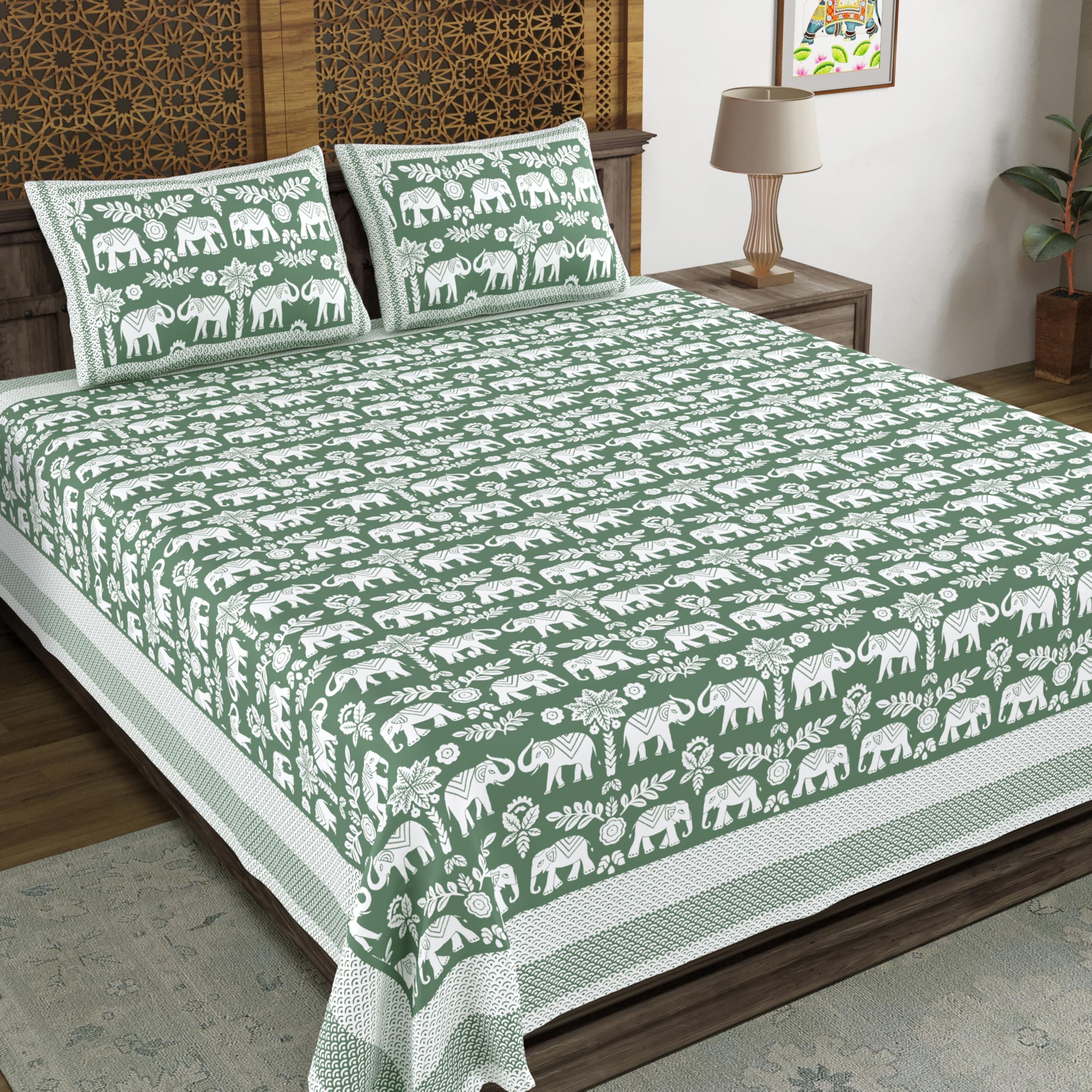 Blocks Of India Hand Block Printed 200 Tc Cotton Super King Size Bedsheet (Black Gad Ele)