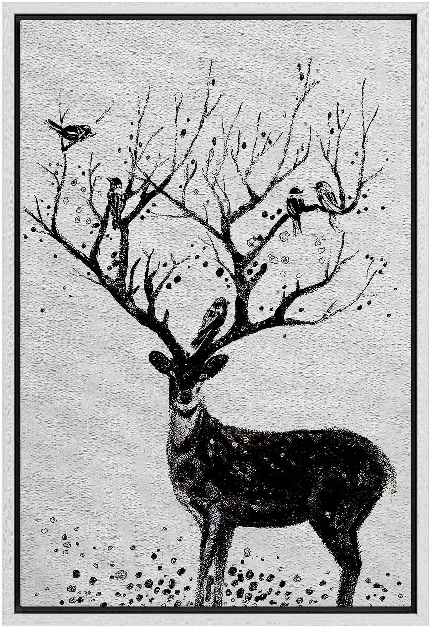 Signwin Framed Canvas Print Wall Art Black & White Deer With Birds On Antlers Wildlife Animals Illustrations Modern Chic Scenic