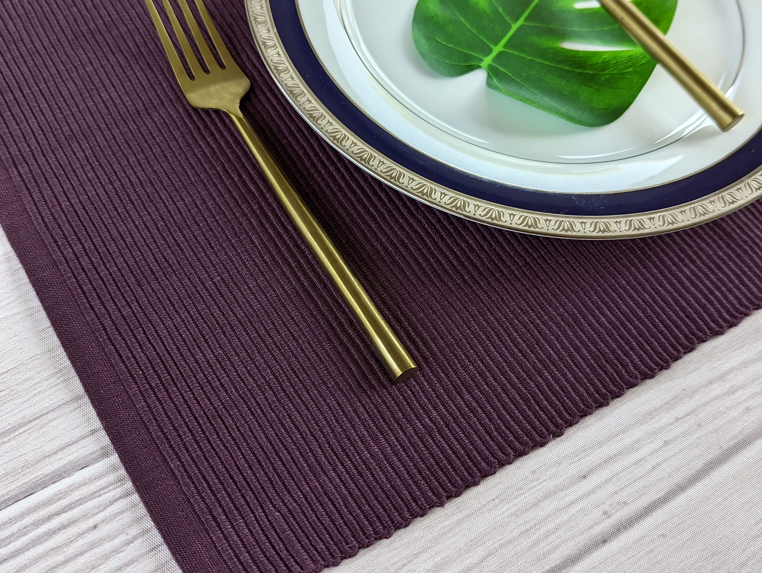 Avka Studio 100% Cotton Ribbed Placemats - Set Of 6-13 X 19 Inches - Dark Purple - Everyday Cloth Table Mats - Thick Constructio