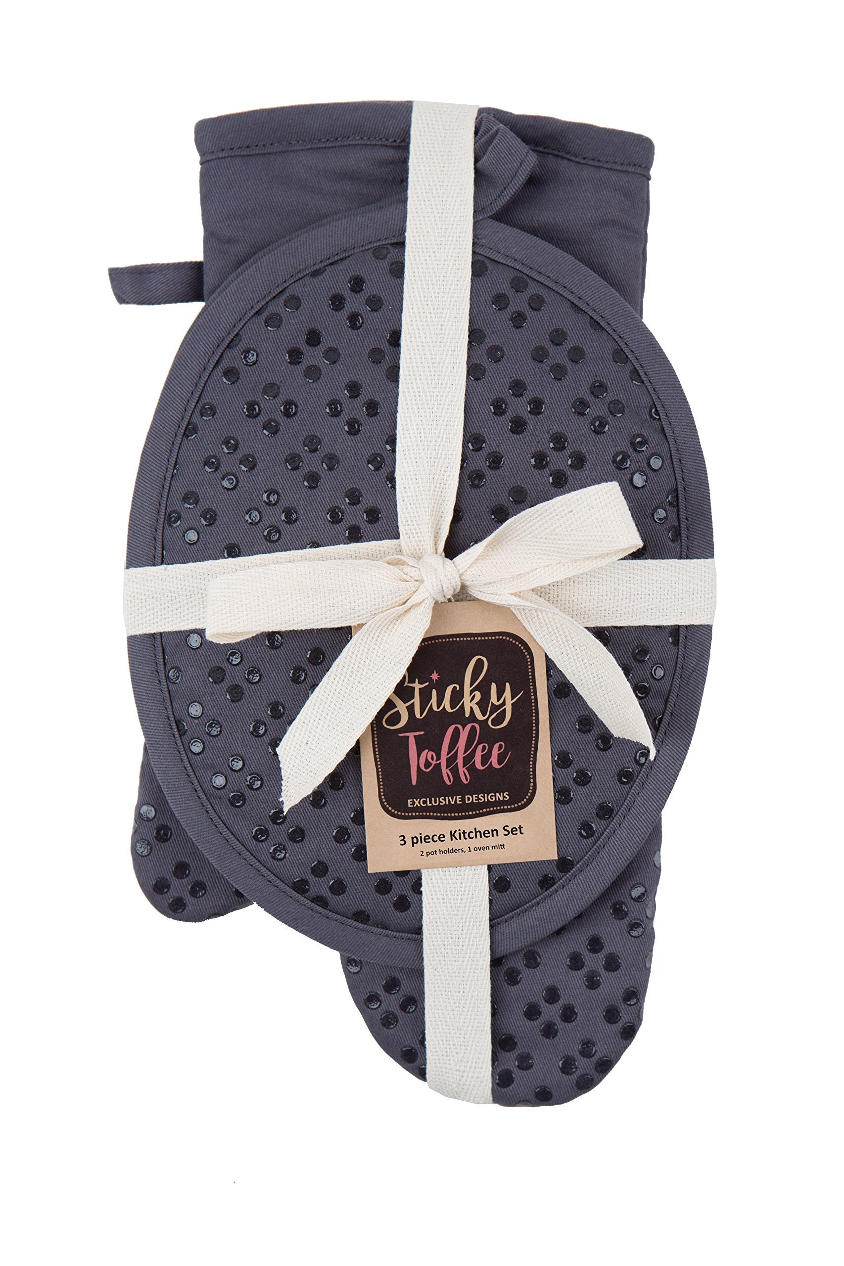 Oven Mitt And Pot Holders Silicone Set Of 3, Non-Slip Kitchen Hot Pads And Oven Mitts Set, Oeko-Tex 100% Cotton Shell, Gray