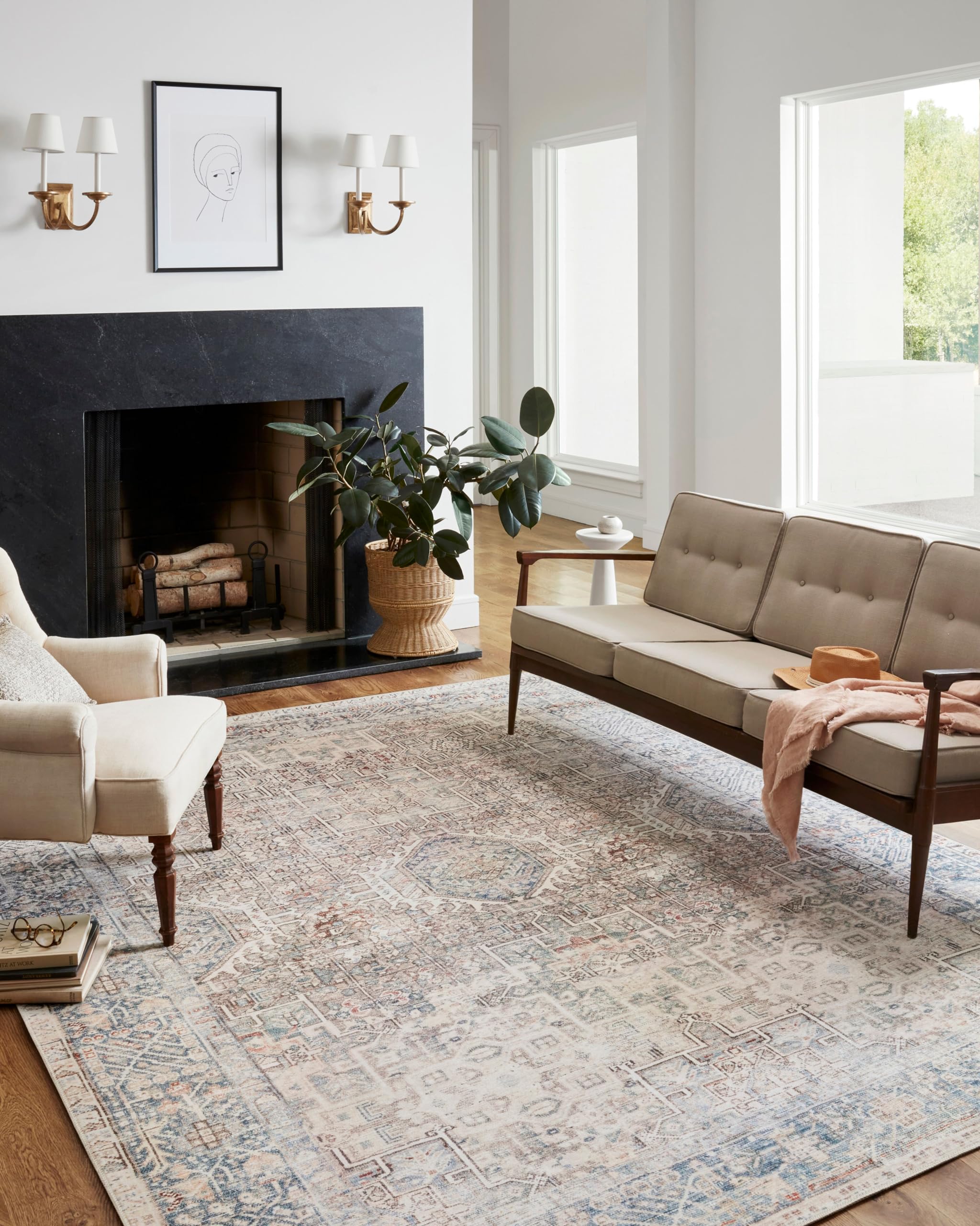 Loloi Chris Loves Julia x Jules Collection, Natural & Ocean 2-6 x 9-6 Area Rug - Vintage Accent Rugs for Living Room, Bedroom,