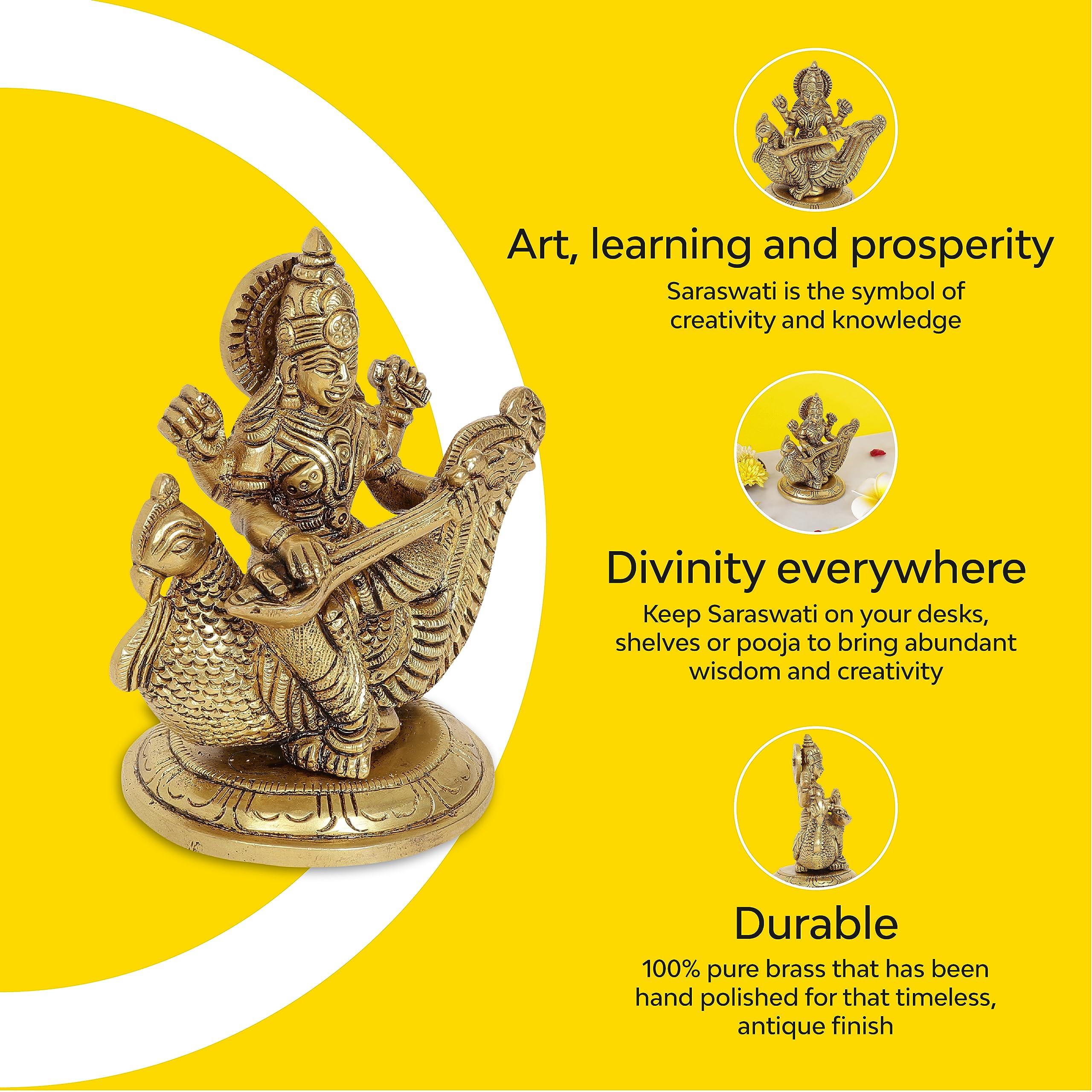10Club Goddess Saraswati Idol - 1Pc (11.5 cm, 850 Grams) - 100% Pure Brass | Saraswati Sitting on a Peacock for Desk, Pooja, Hom