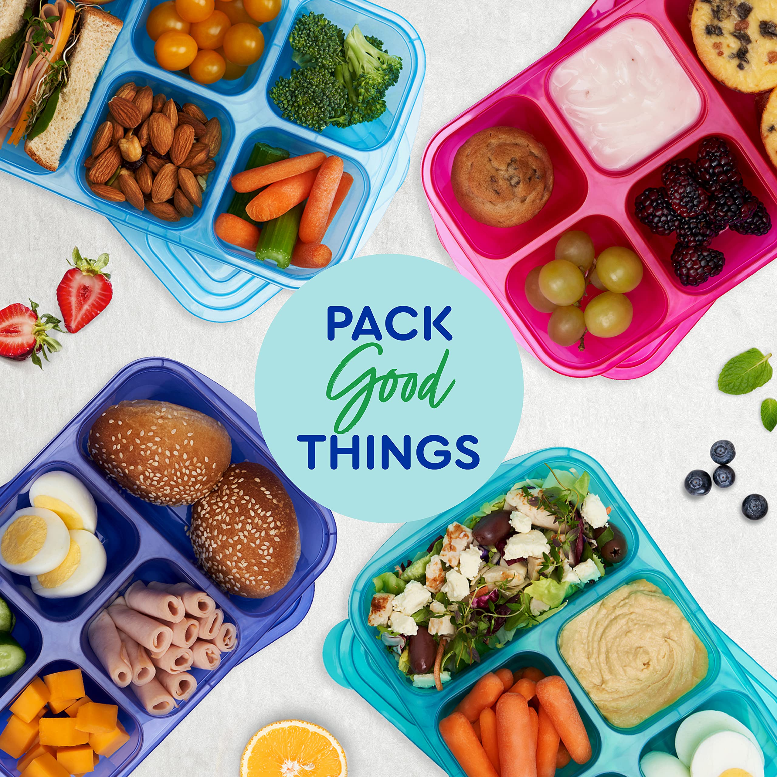 Easylunchboxes - Patented Design Bento Lunch Boxes - Reusable 5-Compartment Food Containers For School, Work, And Travel, Set Of