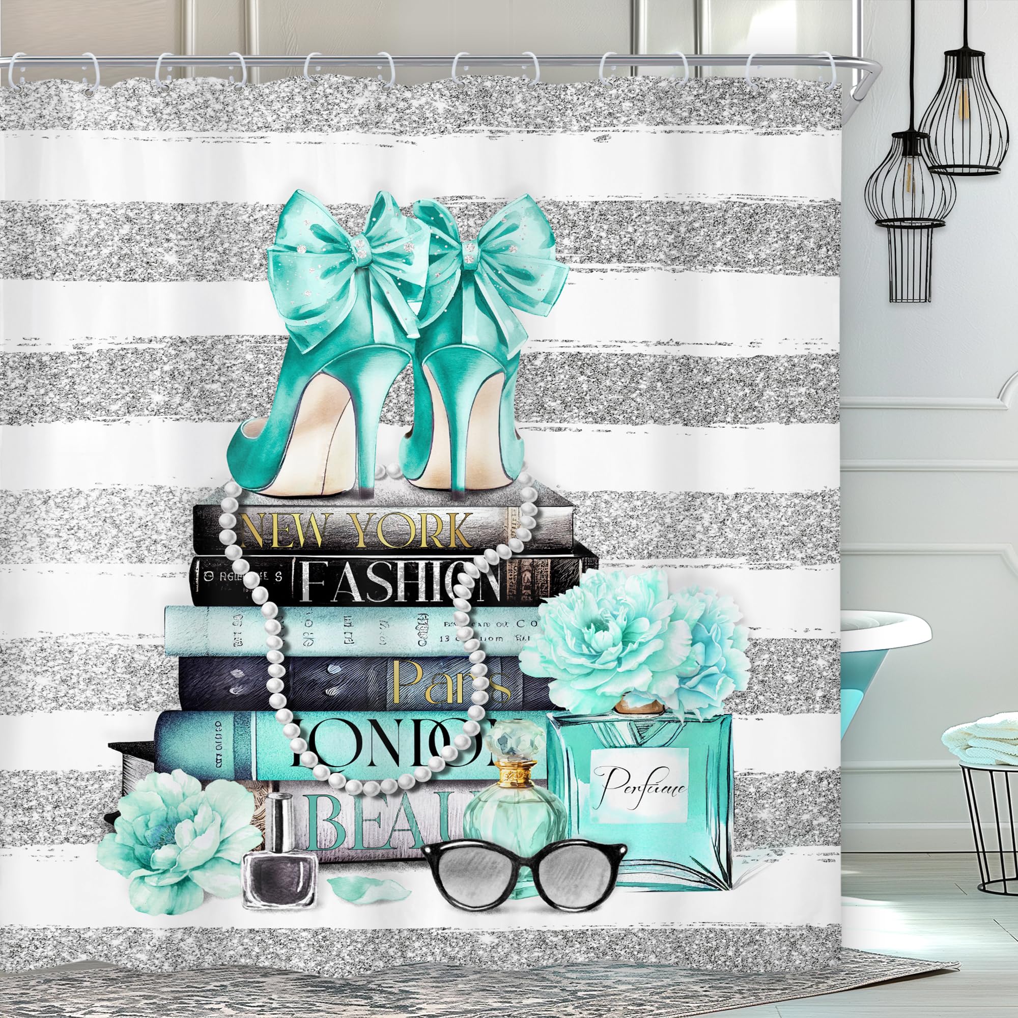 Riyidecor Fashion Women Shower Curtain 60Wx72H Inch Teal Silver Modern Magazine Girly White Stripe Rose Flower High Heel Makeup for Girl Bathroom Decor Fabric Polyester Waterproof 12 Pack Hooks