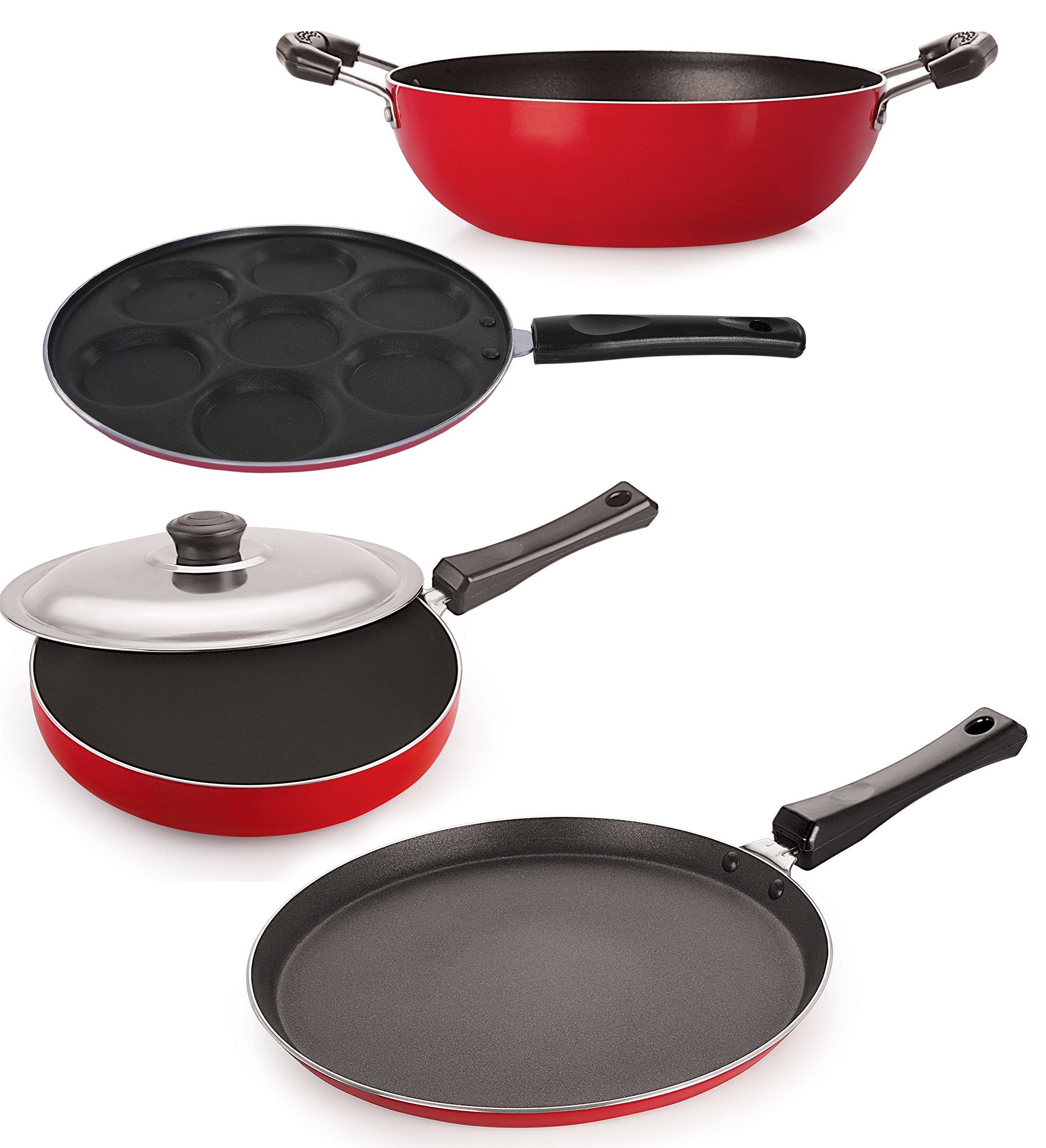 Nirlon NonStick Aluminium Cookware Set, 4Pieces, Red (26_Ft13_Fp12_Kd14_Up)