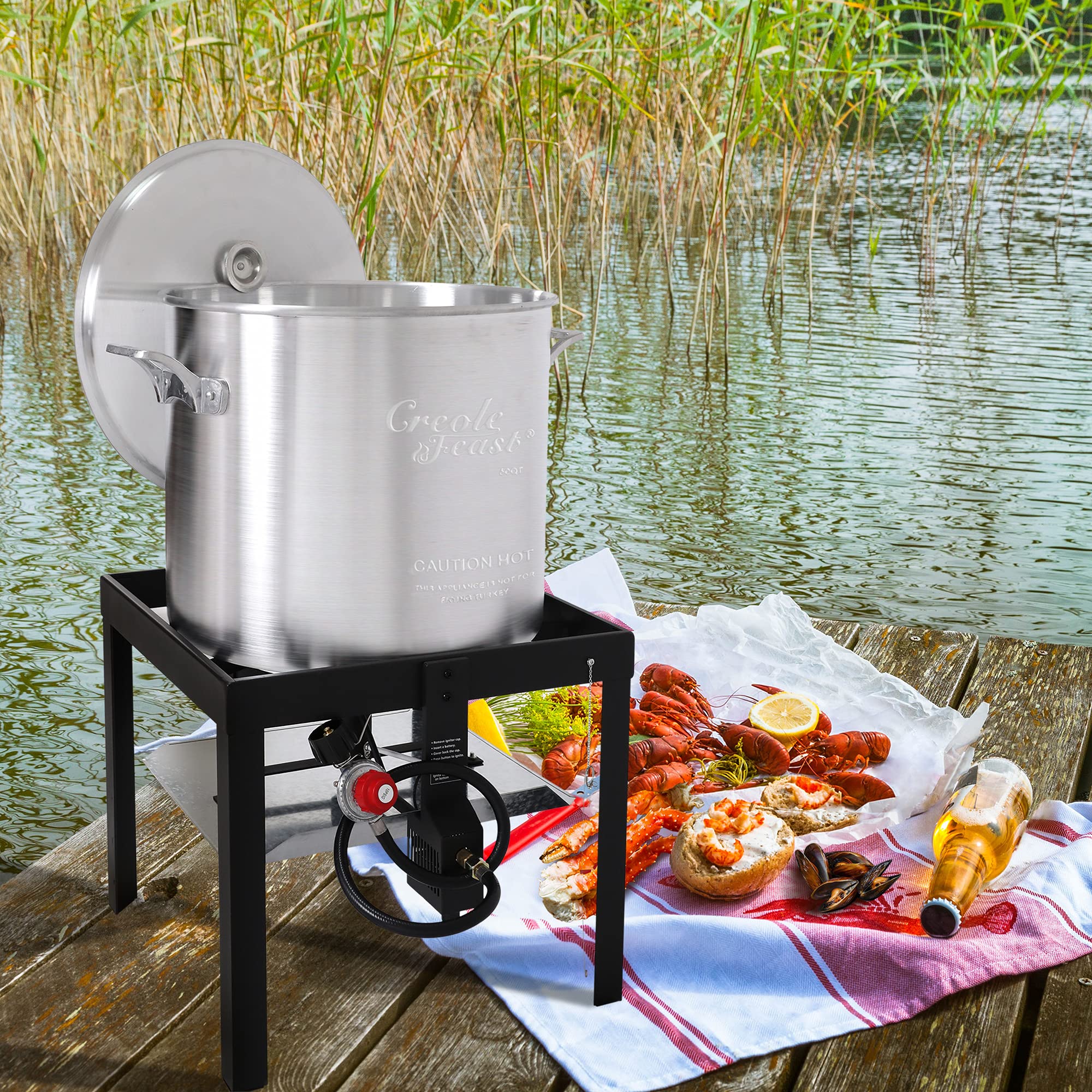 Creole Feast Sbk0601 60 Qt. Seafood Boil Pot With Basket And Burner, Outdoor Aluminum Propane Seafood Boiler With 10 Psi Regulat