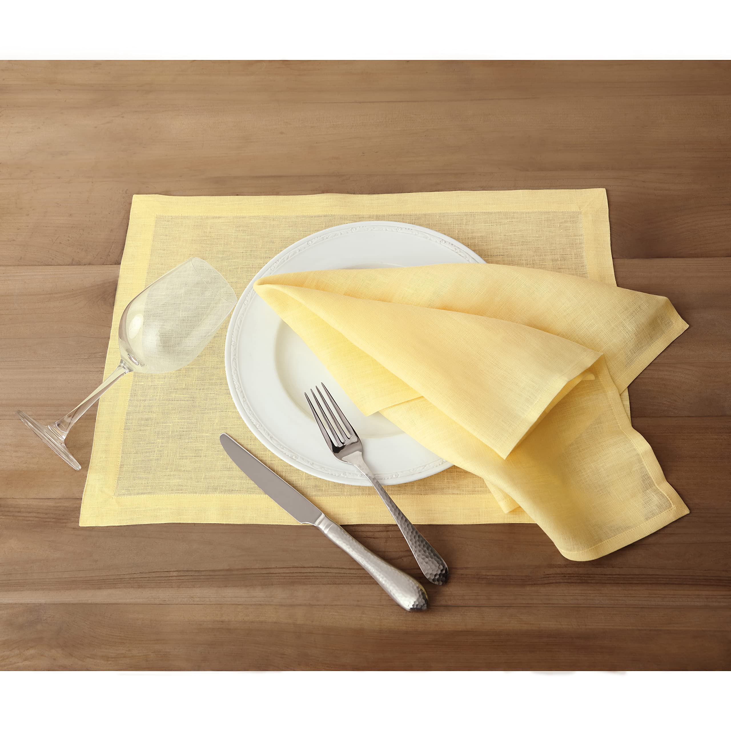 Solino Home Linen Placemats 19'' L X 14'' W Inch - 100% Pure Linen Yellow Cloth Placemats Set Of 4 - Fete, Washable Fabric Place