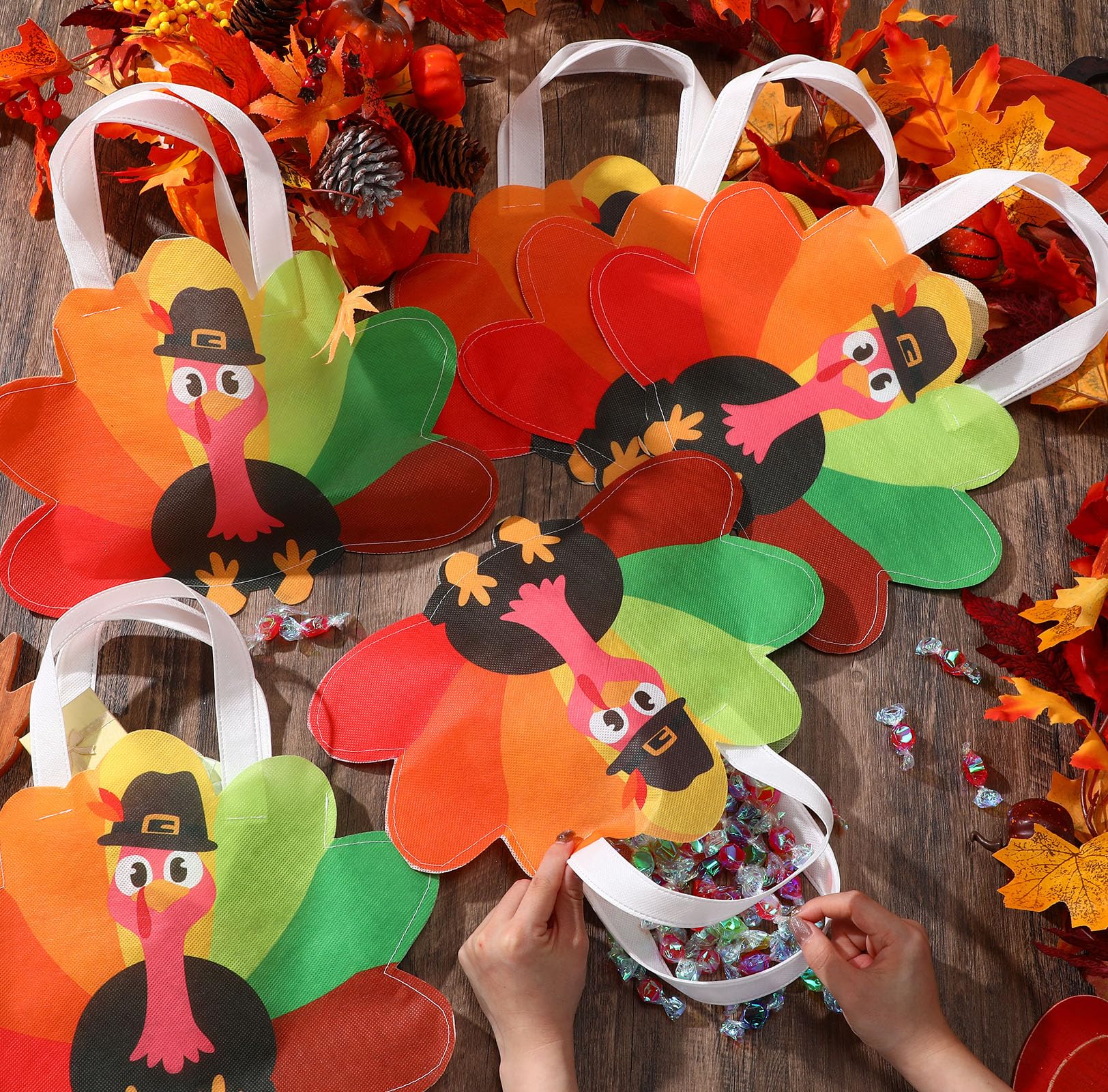 Silkfly 24 Pcs Thanksgiving Turkey Gift Bags Non Woven Reusable Autumn Goodie Candy Tote Bag with Handles Fall Party Favors for
