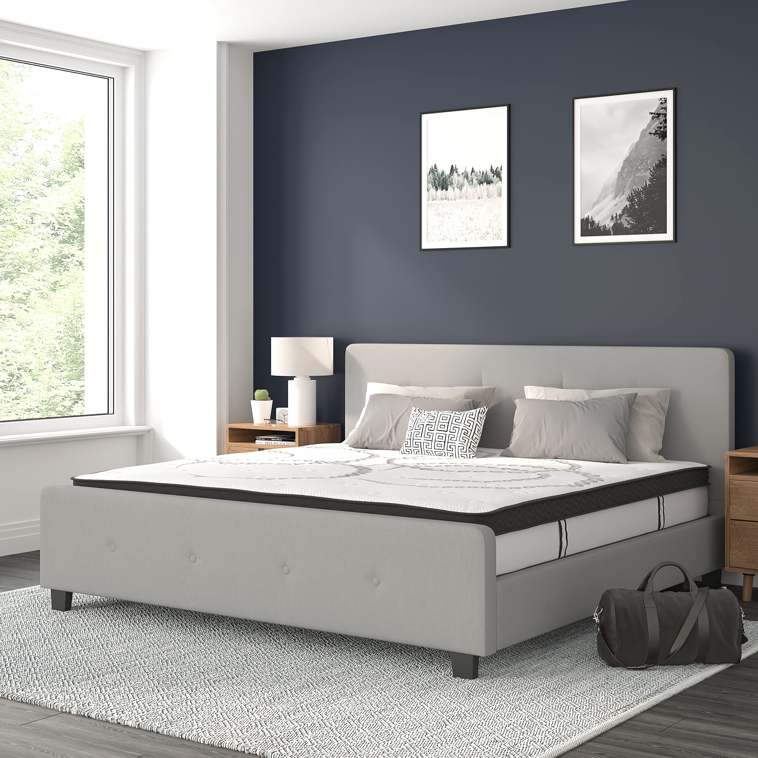 Flash Furniture Tribeca King Size Tufted Upholstered Platform Bed in Light Gray Fabric with 10 Inch CertiPUR-US Certified Pocket