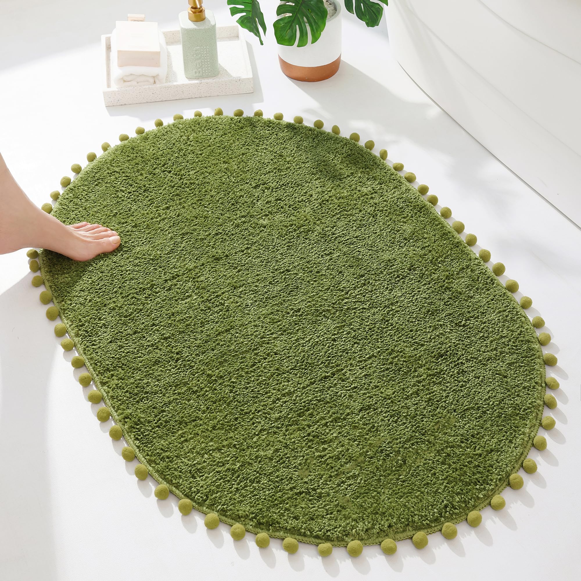 Yirddeo Bath Mat Olive Green Oval Rug With Pom Bathroom Rugs For Bedroom Non Slip Cute Boho Absorbent Mats Soft Plush Washable R