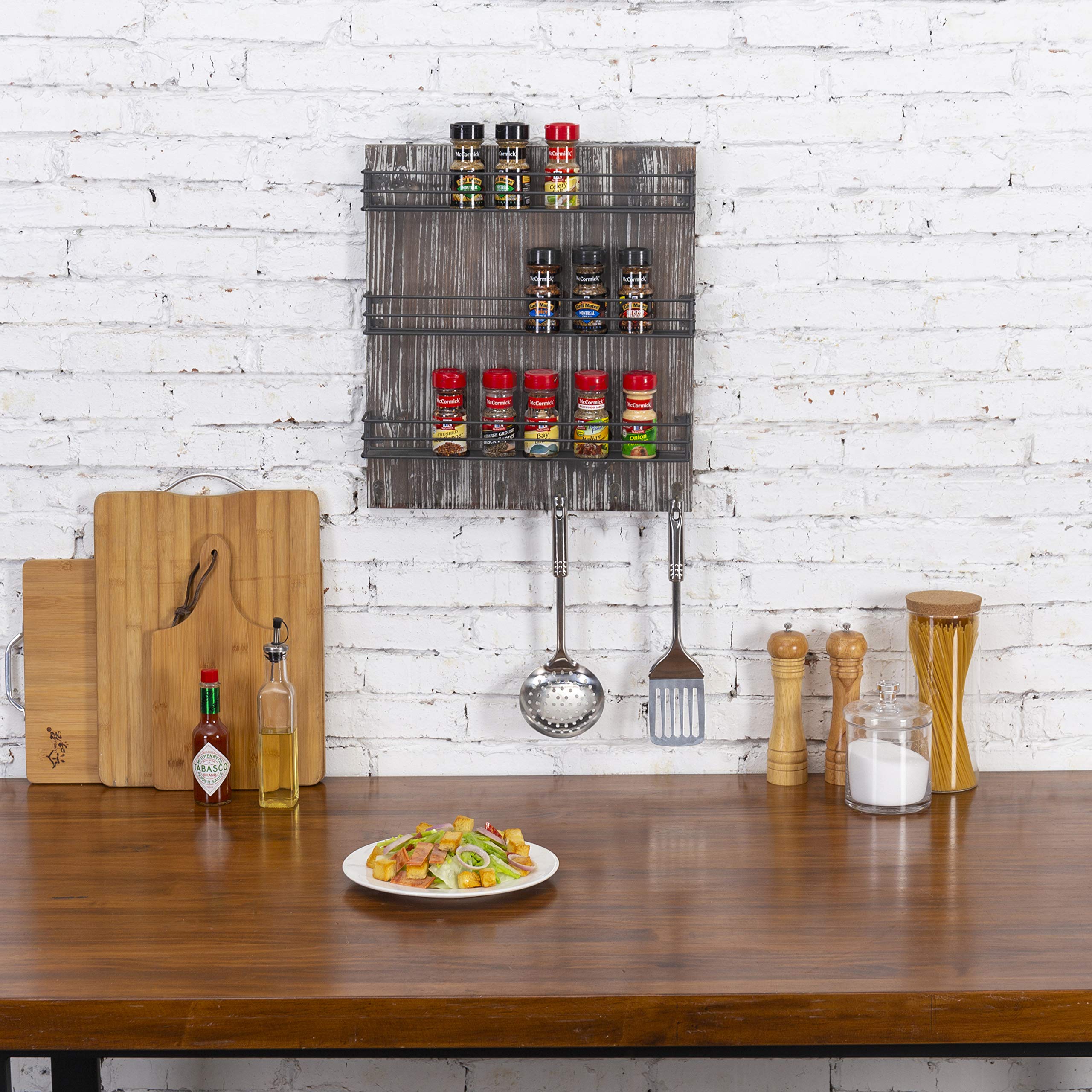 MyGift 3 Tier Black Metal Wire Kitchen Spice Rack Organizer with Torched Wood Wall Mount and 6 Hooks, Seasoning Jars and Hanging