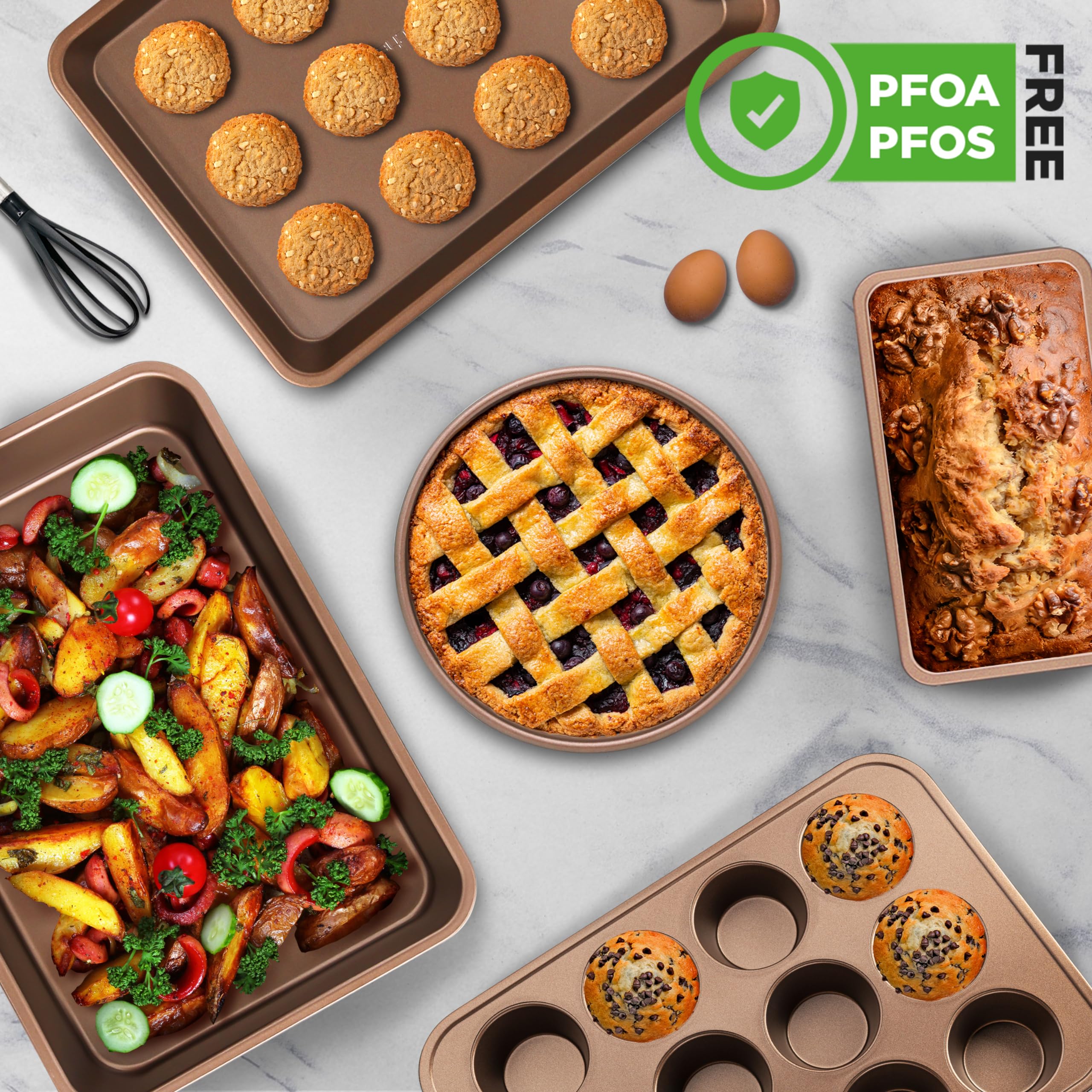 Nutrichef 6-Piece Nonstick Bakeware Set, Carbon Steel Baking Pans, Includes Cookie Trays, Wide & Square Bake Pan, Bread Loaf & R