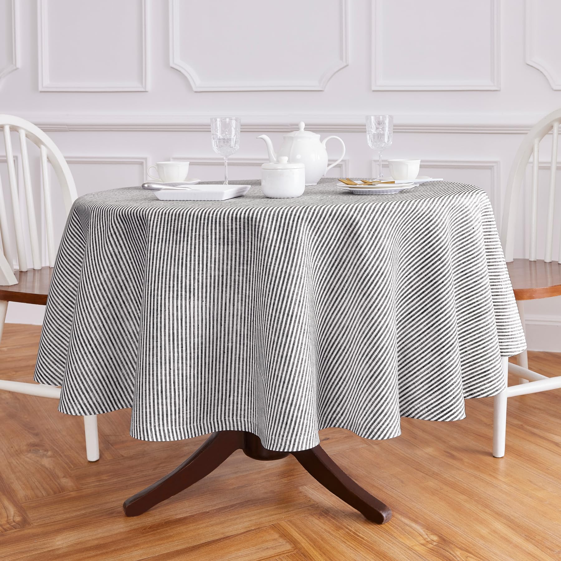 Solino Home Stripe Linen Round Tablecloth - 100% Pure Linen Black And White Tablecloth 70 Inch Diameter For Spring, Easter - Han