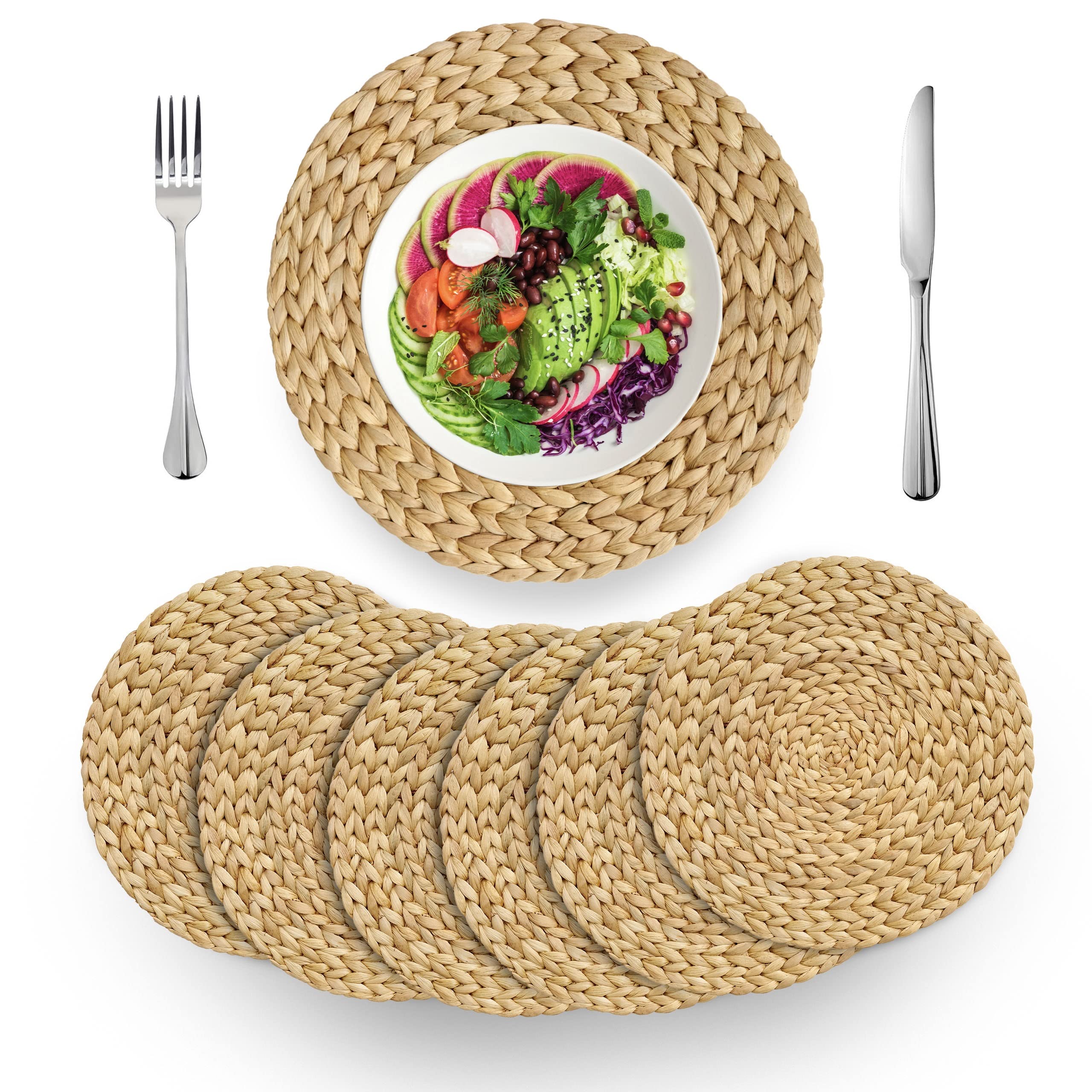 (4 Sizes: 12''-13''-14''-15'') Barien Woven Placemats Round Set Of 6, Natural Water Hyacinth Weave Placemat For Dining Table, La