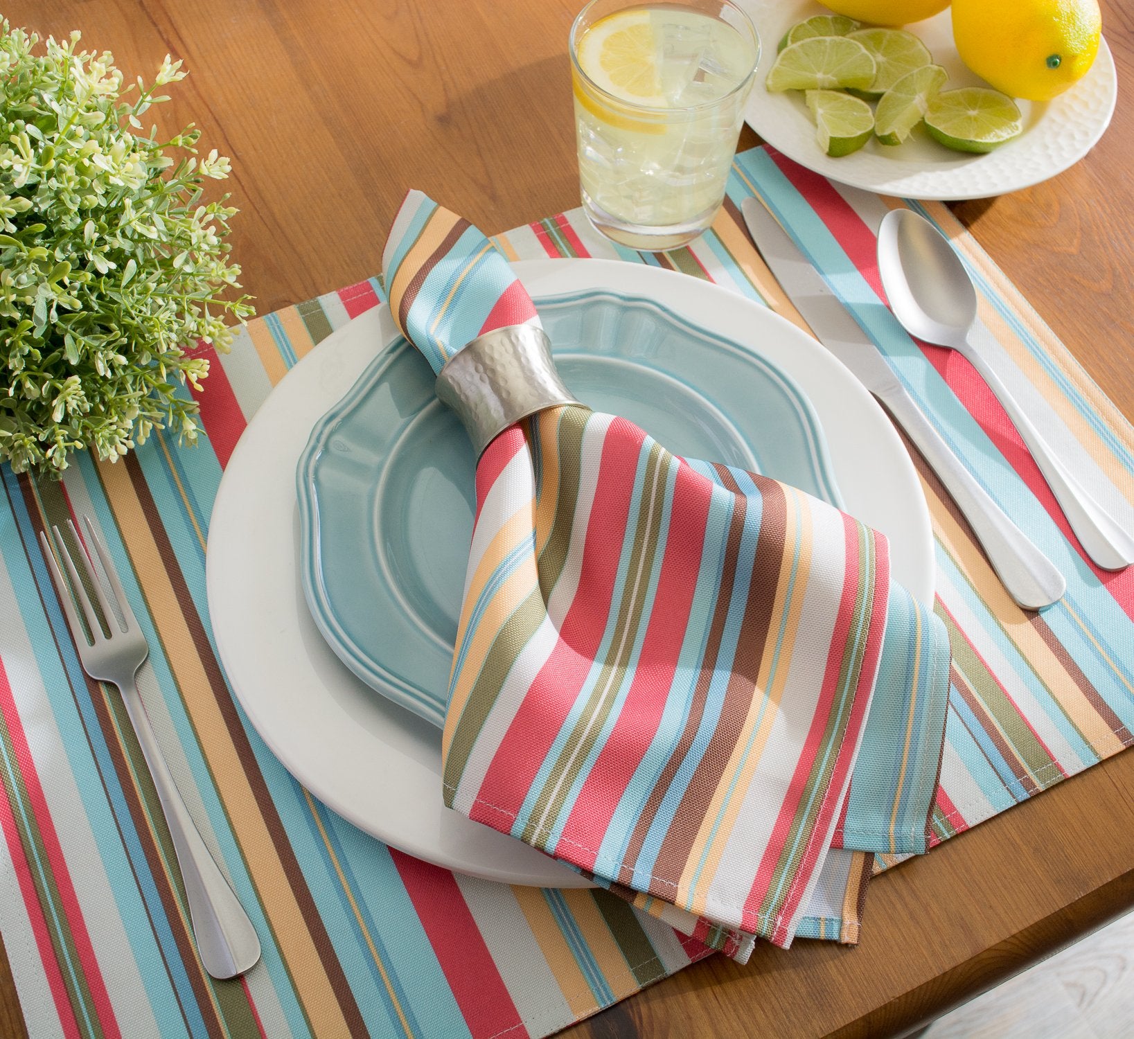 Dii Indoor/Outdoor Tabletop Collection Multi-Use, Machine Washable, Striped, Reversible Placemat Set, 13X19, Summer Print