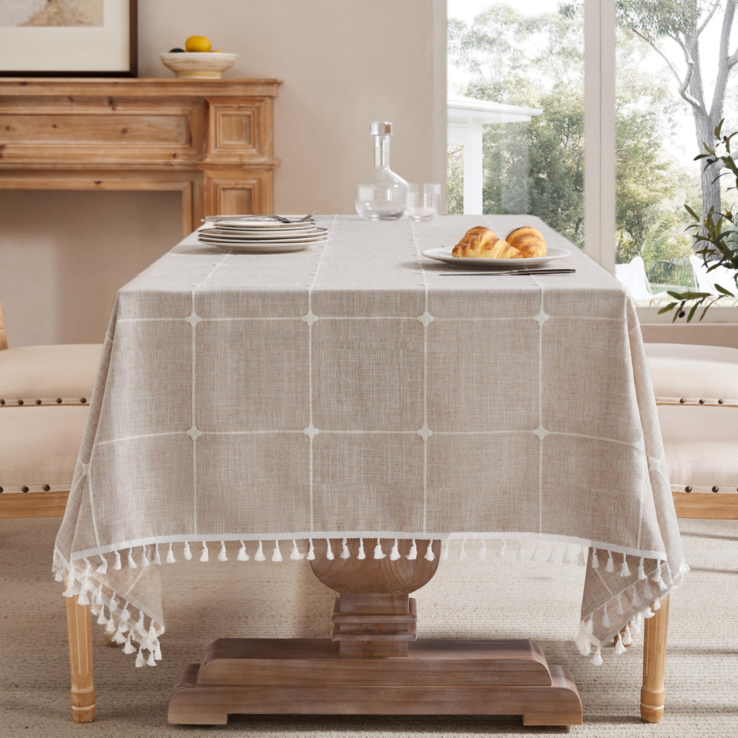 ZeeMart Boho Grid Table Cloth with Tassels (Taupe, 60 x 104), Heavy Weight Linen Checked Embroidered Farmhouse Tablecloth, Water