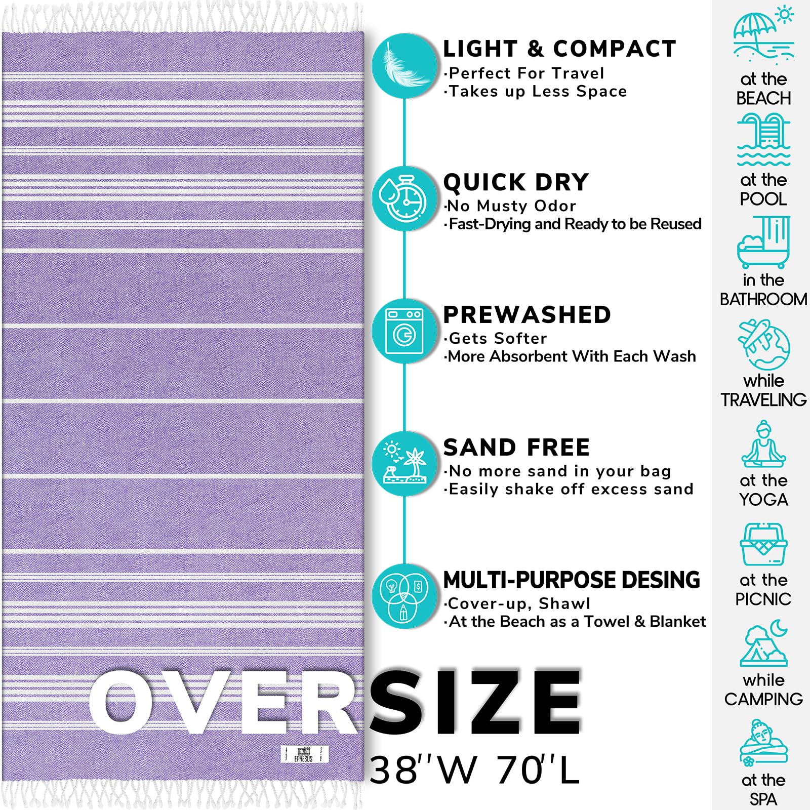 Turkish Beach Towel - 38X70 Inch Oversized - Sultan Design - Turkish Towel For Beach, Bath, Pool, Gym, Yoga - Prewashed, Lightwe