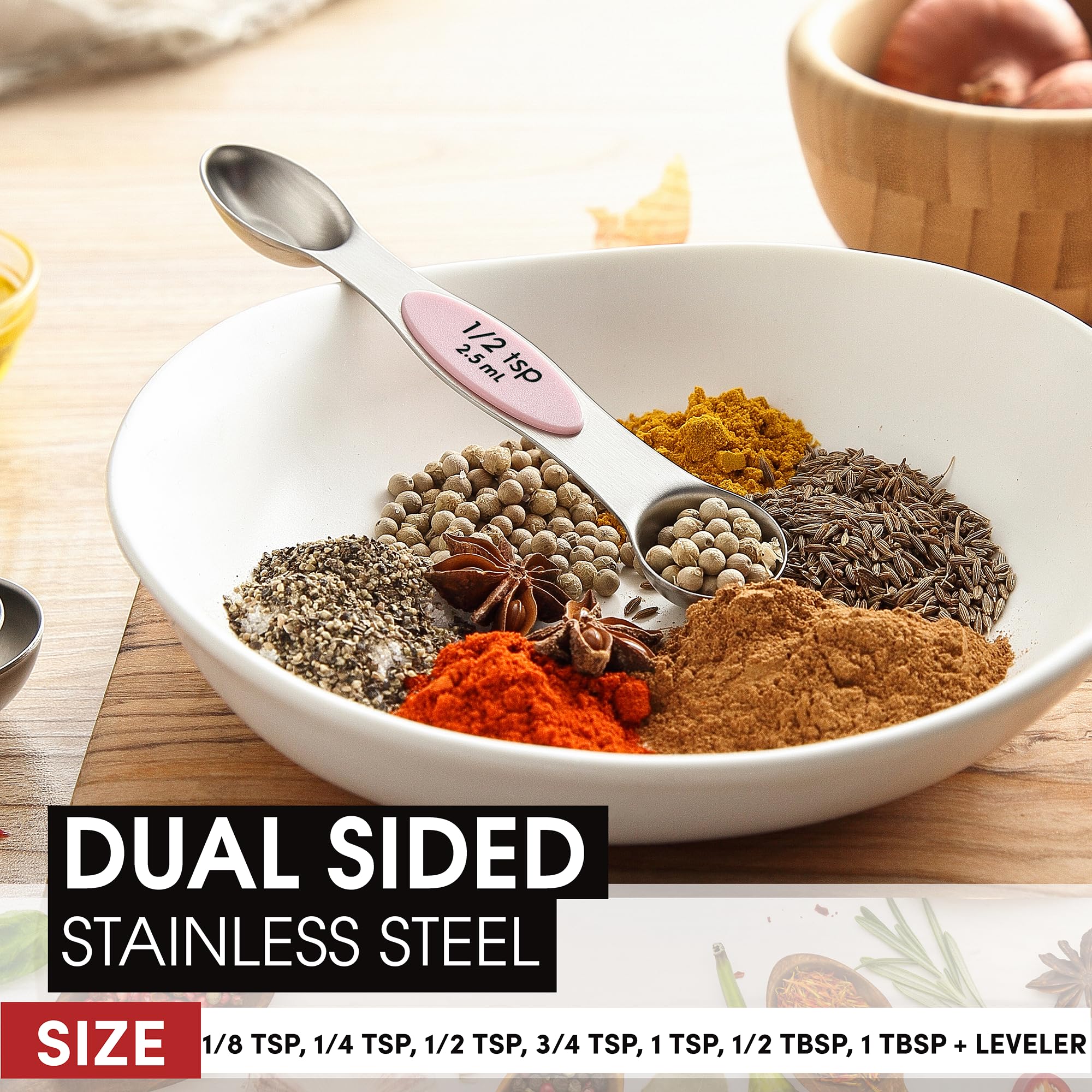 Spring Chef Stainless Steel Magnetic Measuring Spoons Set Of 8 With Leveler, Dual Sided Teaspoon & Tablespoon Measuring Spoons W