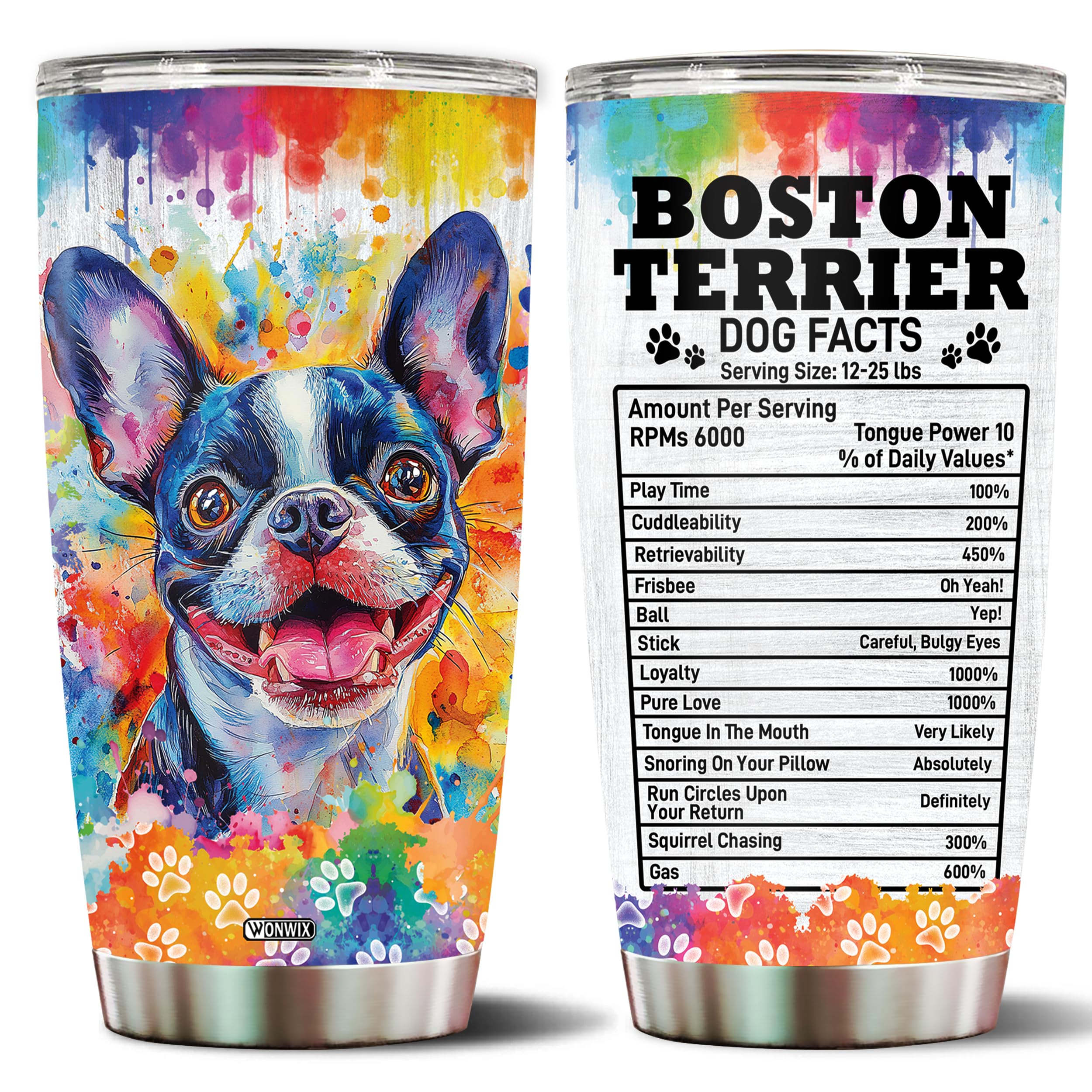 WONWIX Boston Terrier Gifts for Women Men Terriers Facts Insulated Stainless Steel Tumbler with Lid 20oz Coffee Travel Mug Gift 