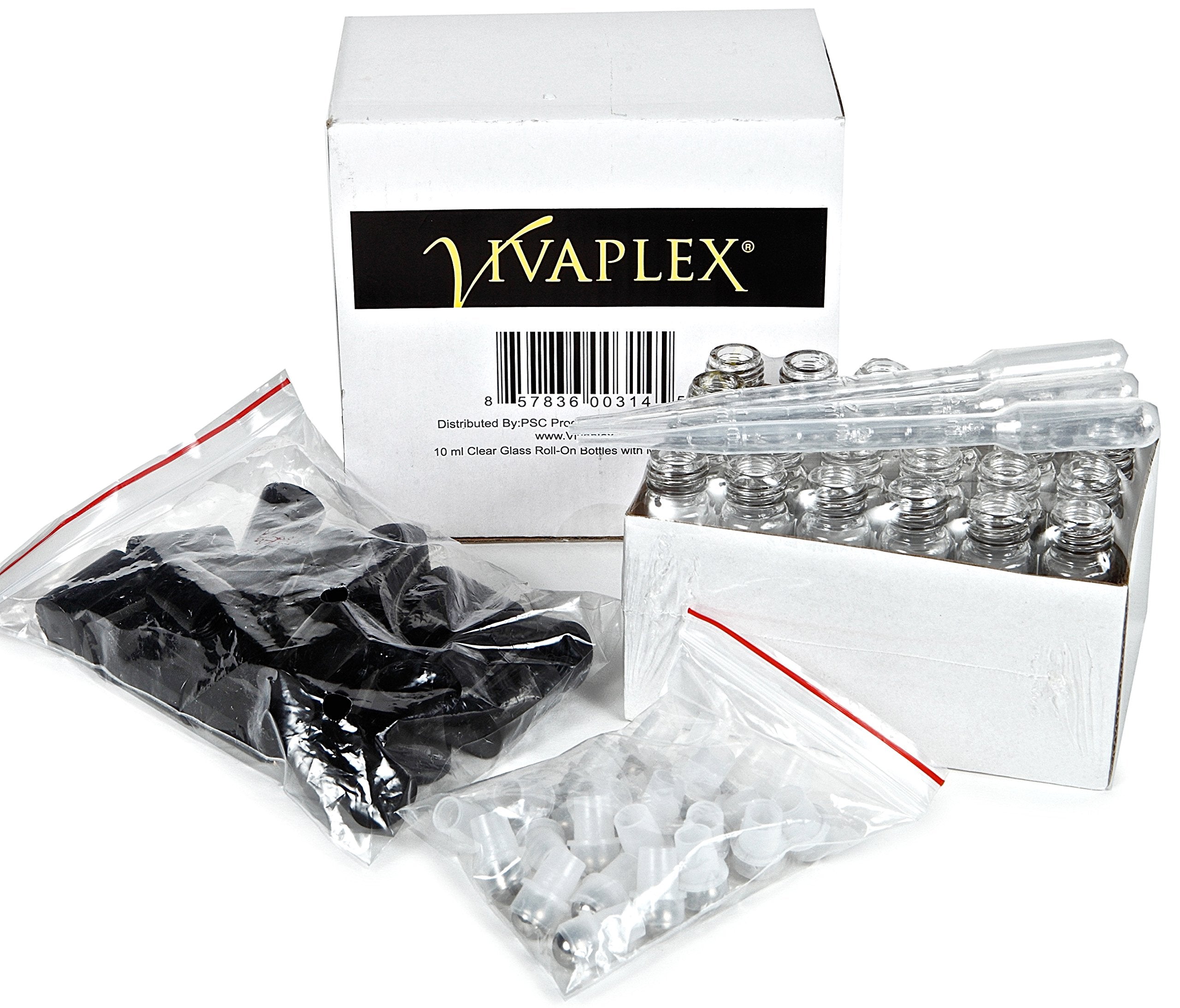 Vivaplex  24  Clear  10 ml Glass Roll-on Bottles with Stainless Steel Roller Balls. 3-3 ml Droppers included