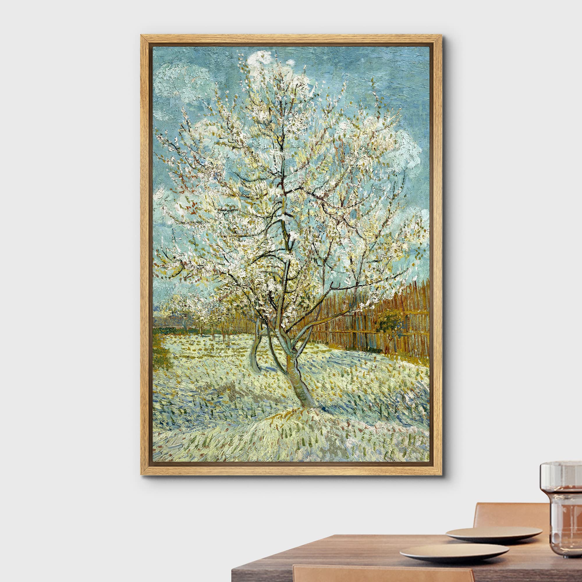 Wall26 The Pink Peach Tree By Vincent Van Gogh - Framed Canvas Print Wall Art Famous Oil Painting Reproduction - 16''X24'' Natur