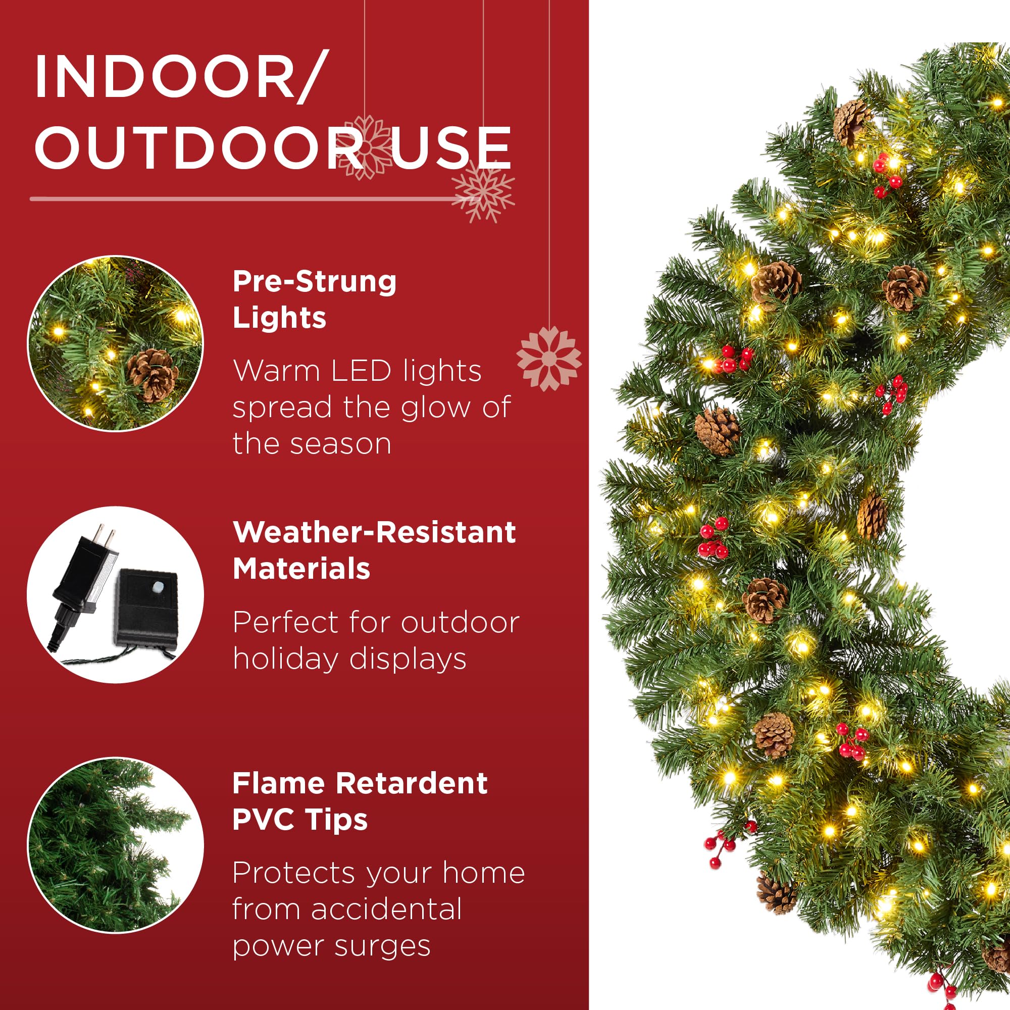 Best Choice Products 36in Pre-Lit Christmas Wreath w/Berries & Pinecones, Large Artificial Indoor/Outdoor Decor for Door, Mantel