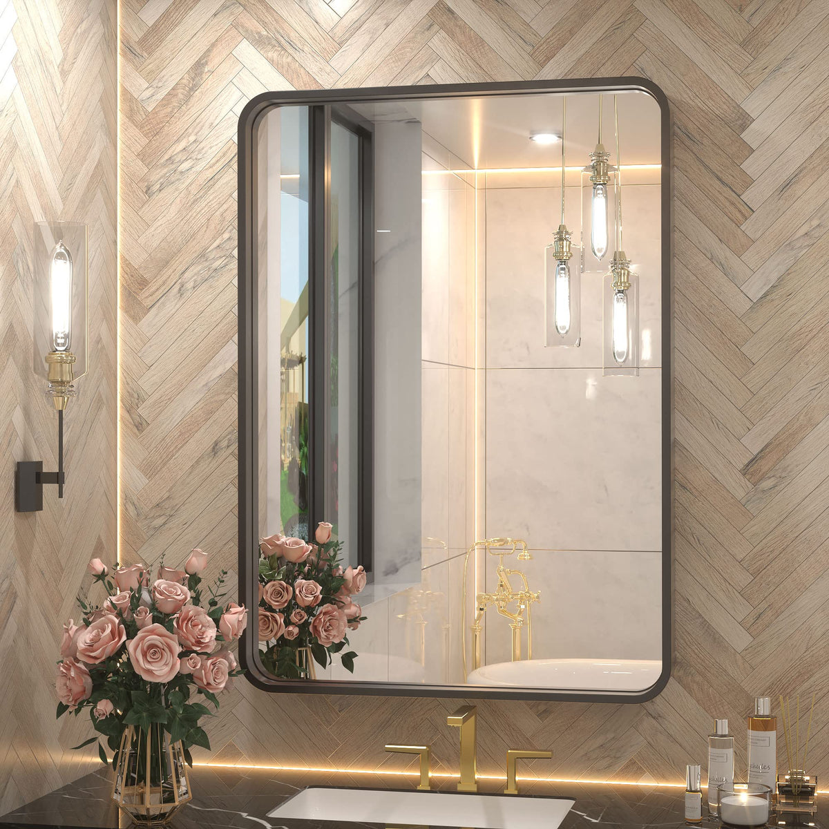 Tetote Black Framed Bathroom Mirror, 24 X 32 Inch Matte Metal Frame Vanity Mirror, Farmhouse Wall Mounted Rectangle Mirror (Hori