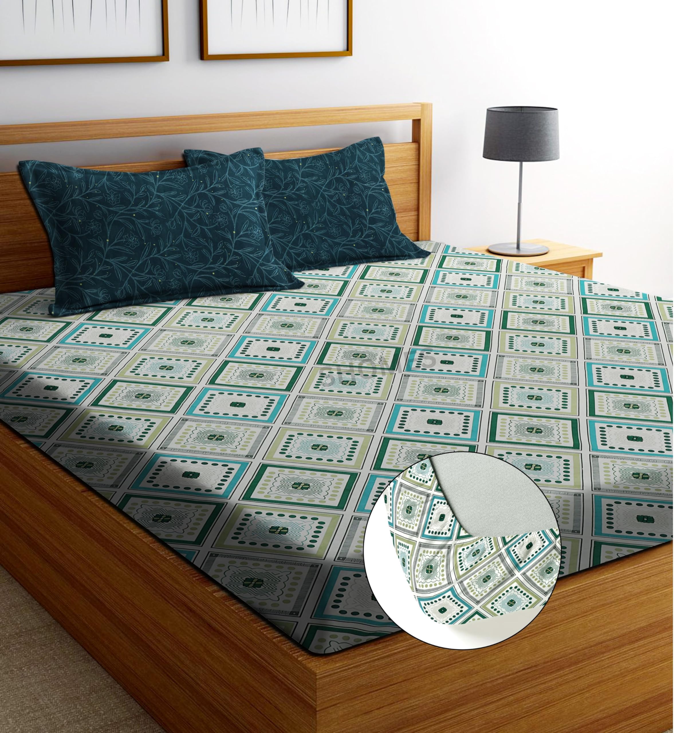Shomes Elastic Fitted Bedsheets With 2 King Size Pillow Covers | Double Bed With All Around Elastic, Size 72 X 78 X 8 Inches (Gr