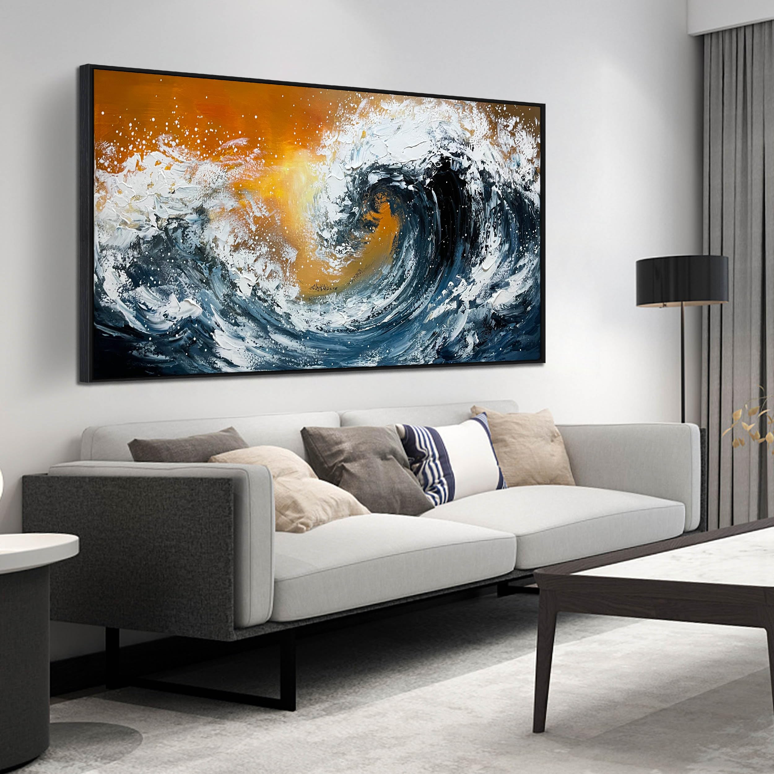 Huboskn Beach Pictures Wall Art For Living Room - Nature Landscape Hand Painted Wall Art For Office - Black Large Framed Wall De