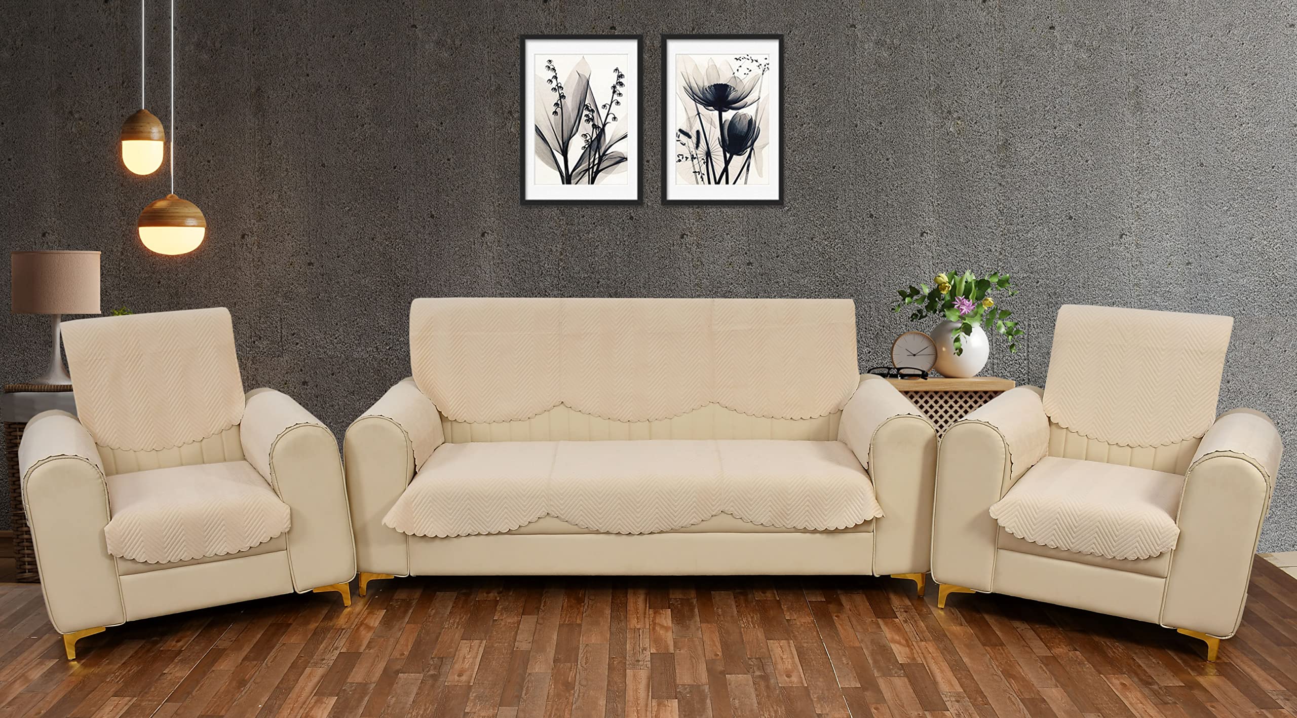 Yellow Weaves 5 Seater Quilted Sofa Cover And Chair Cover With Arm Cover, Seat & Back Cover, Color - Beige - Velvet