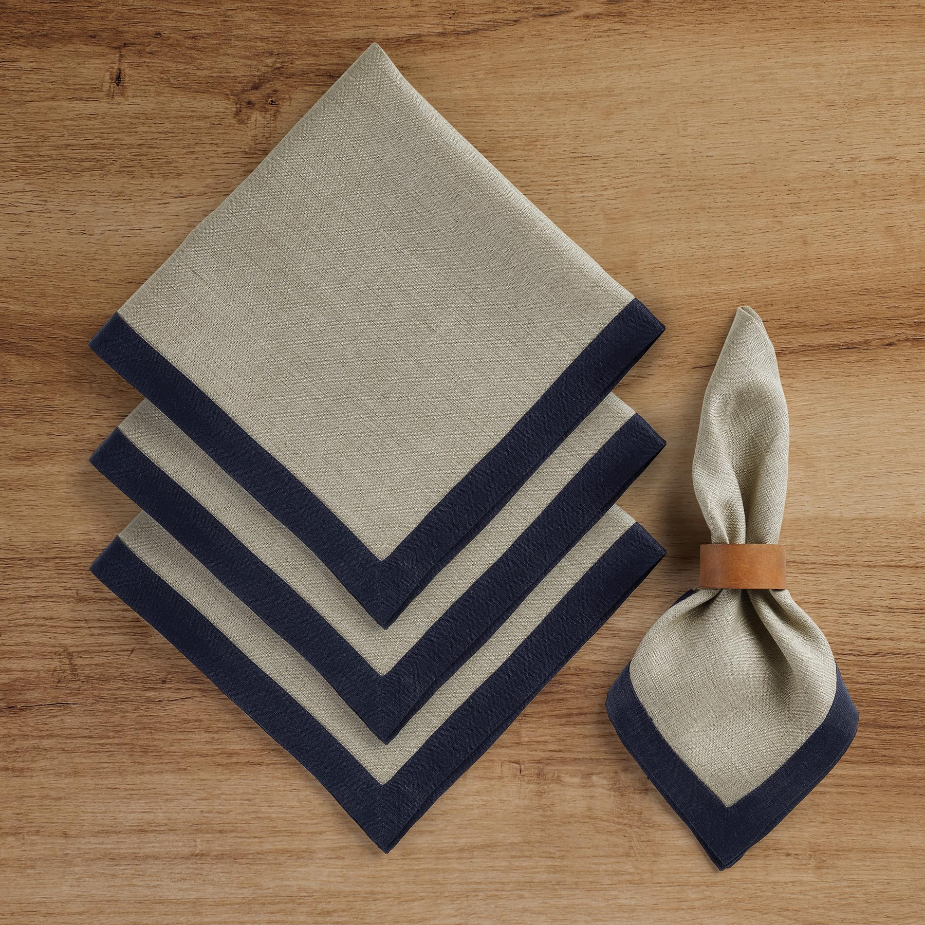 Solino Home Linen Dinner Napkins 20 X 20 Inch - 100% Pure Linen Navy And Natural Cloth Napkins Set Of 4 - Classic, Handcrafted A