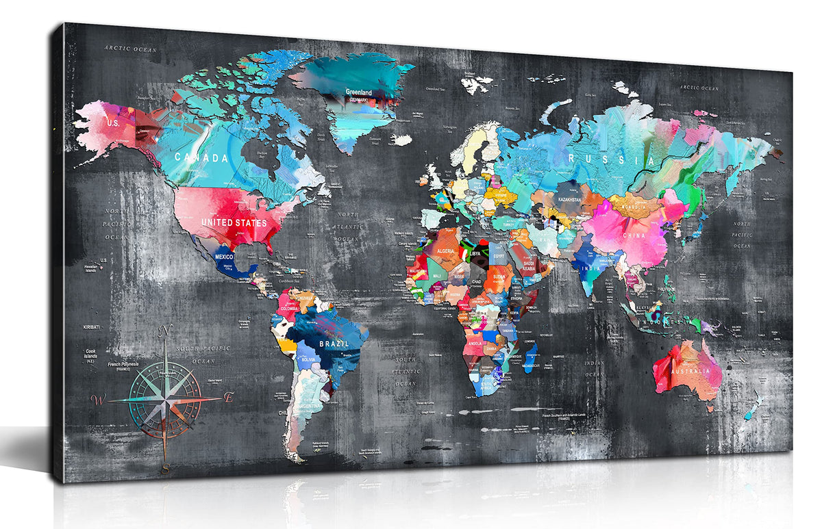 ZHAOSHOP Teal World Map Wall Art - Large 60" x 30" Wood Decor for Livi ...