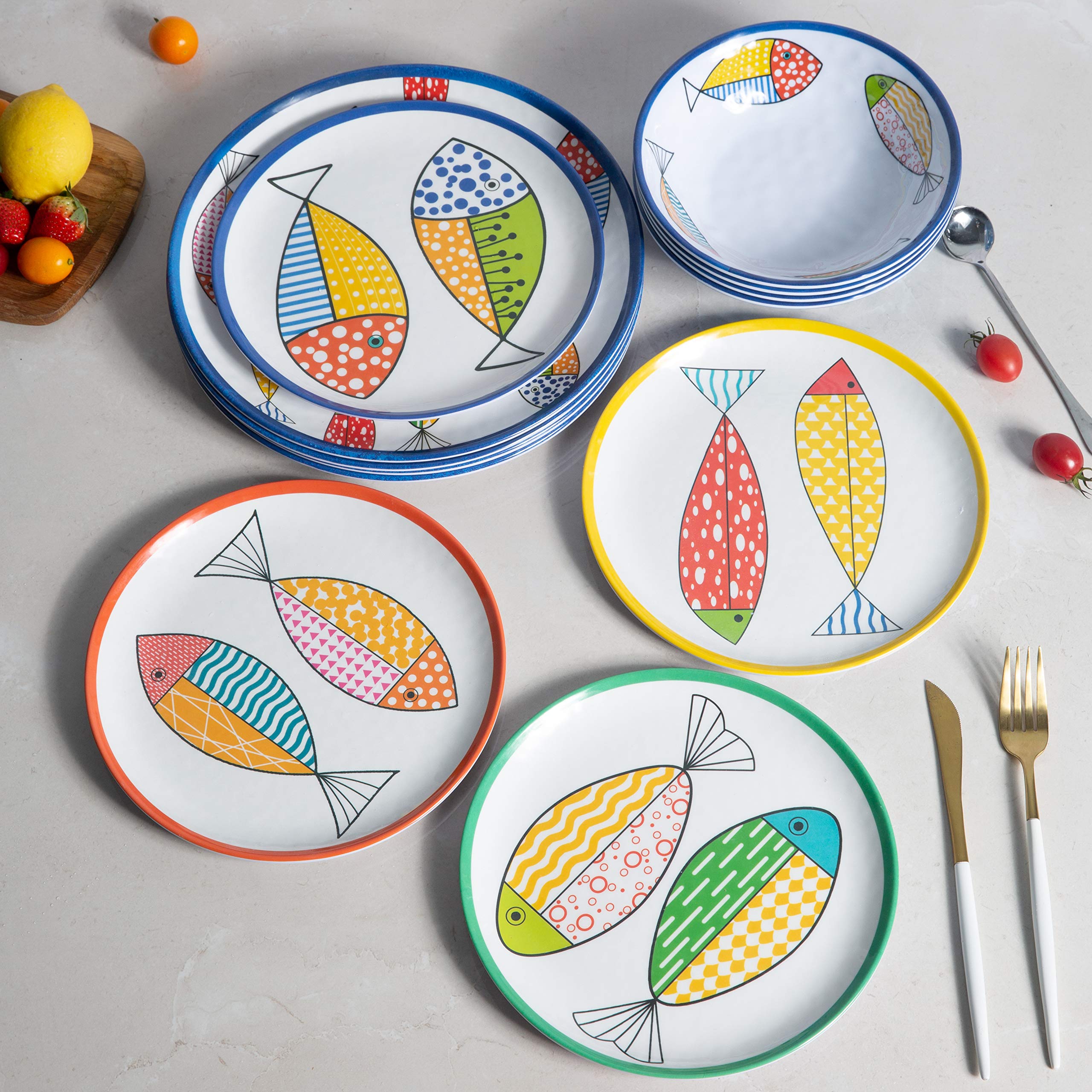 Gofunfun Melamine Dinnerware set for 4, Plates and Bowls Sets, Great for Camper, RV, Indoors Outdoors Use with Ocean Printed, Un