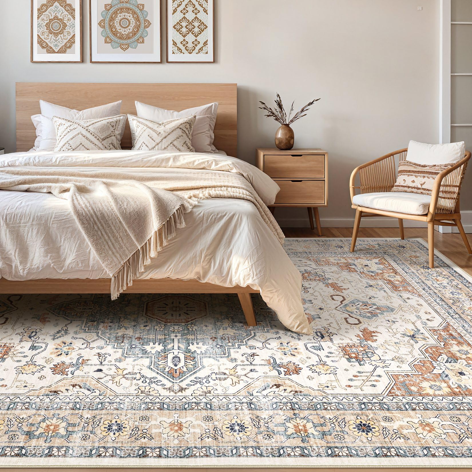 8x10 Area Rugs Living Room: Washable Boho Large Neutral Vintage Soft Rug Stain Resistant Distressed Farmhouse Non-Slip Indoor Fl