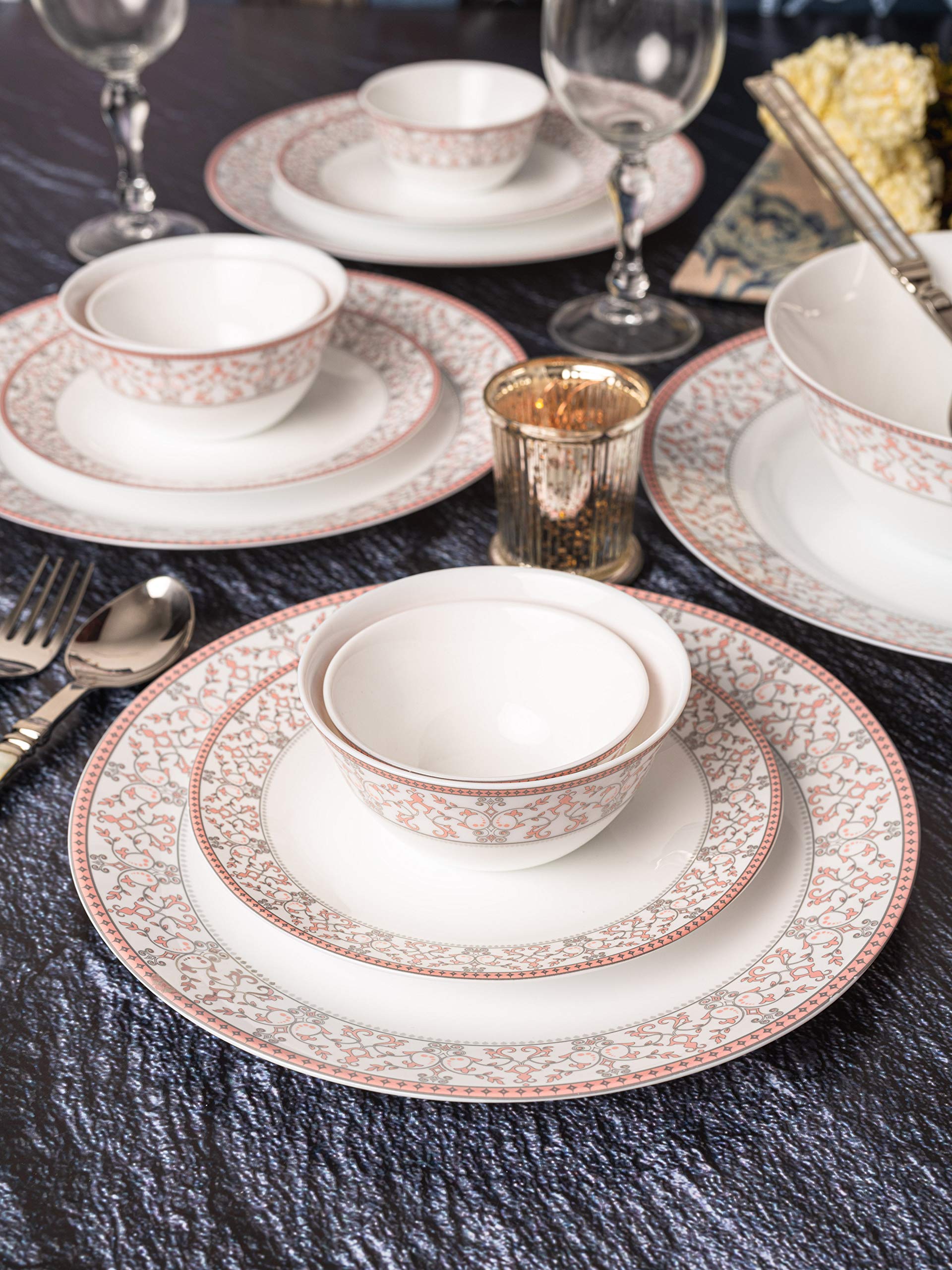 La Opala Glass Floral Dinner Set Set Of 33 Pcs, Pink