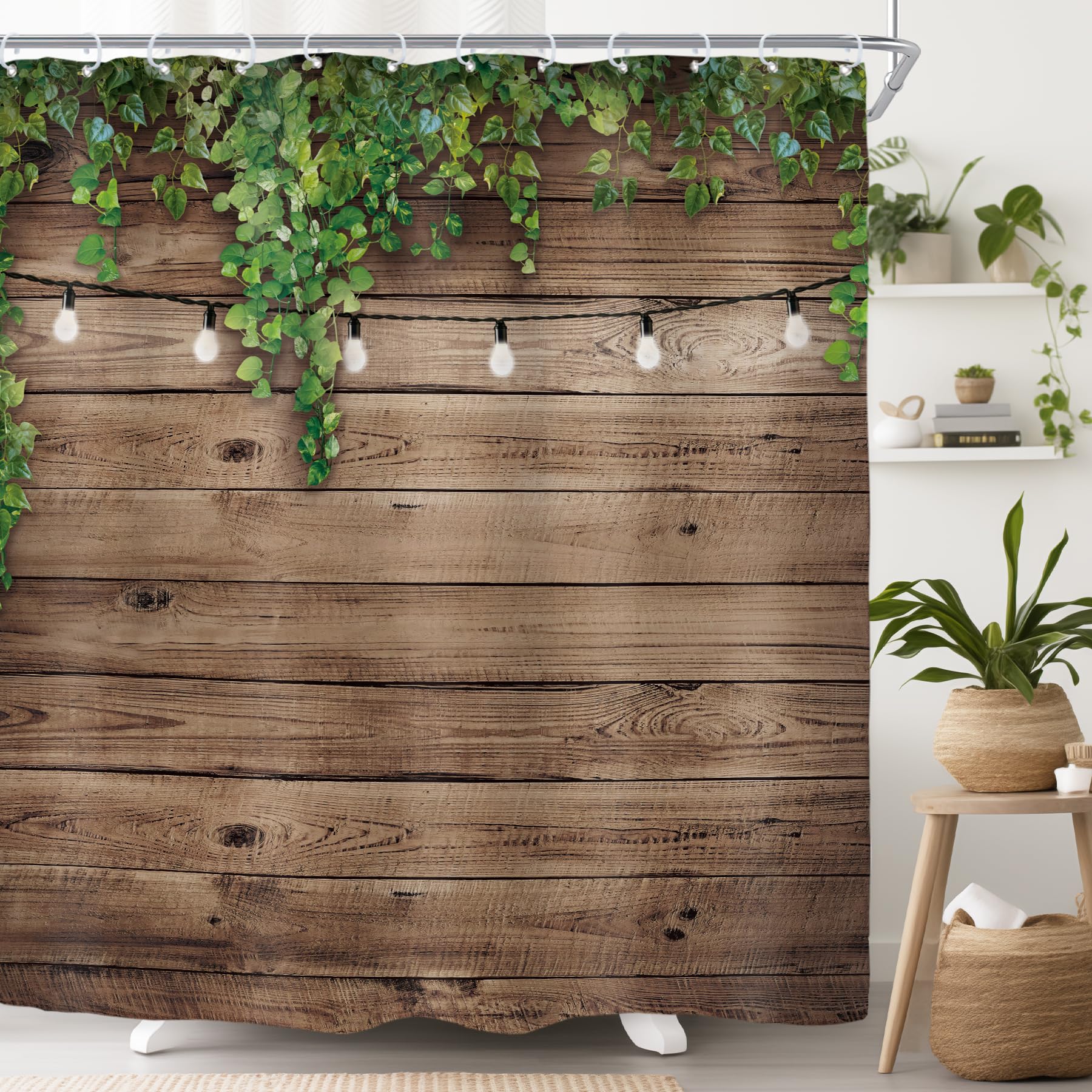 Riyidecor Rustic Farmhouse Outdoor Shower Curtain Wooden Bran Door Green Leaves Antique Brown Wall Lights Bathroom Home Decor Waterproof Polyester 72WX72H Inch 12 Pack Hooks