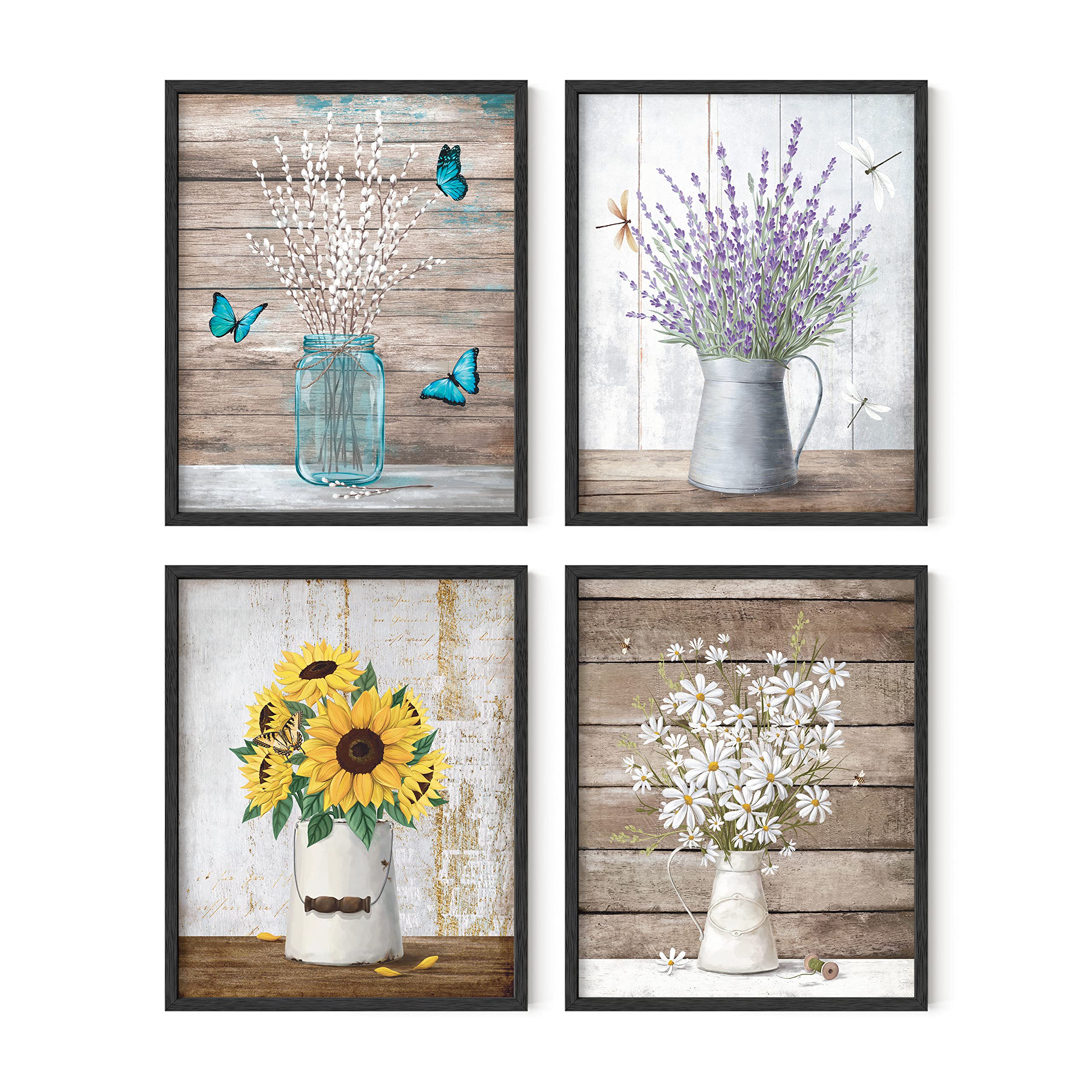 Haus And Hues Floral Prints - Set Of 4, 8X10 Wall Art, Farmhouse Bouquets, Framed Metal Painting For Bathroom, Bedroom, Dorm, Ki