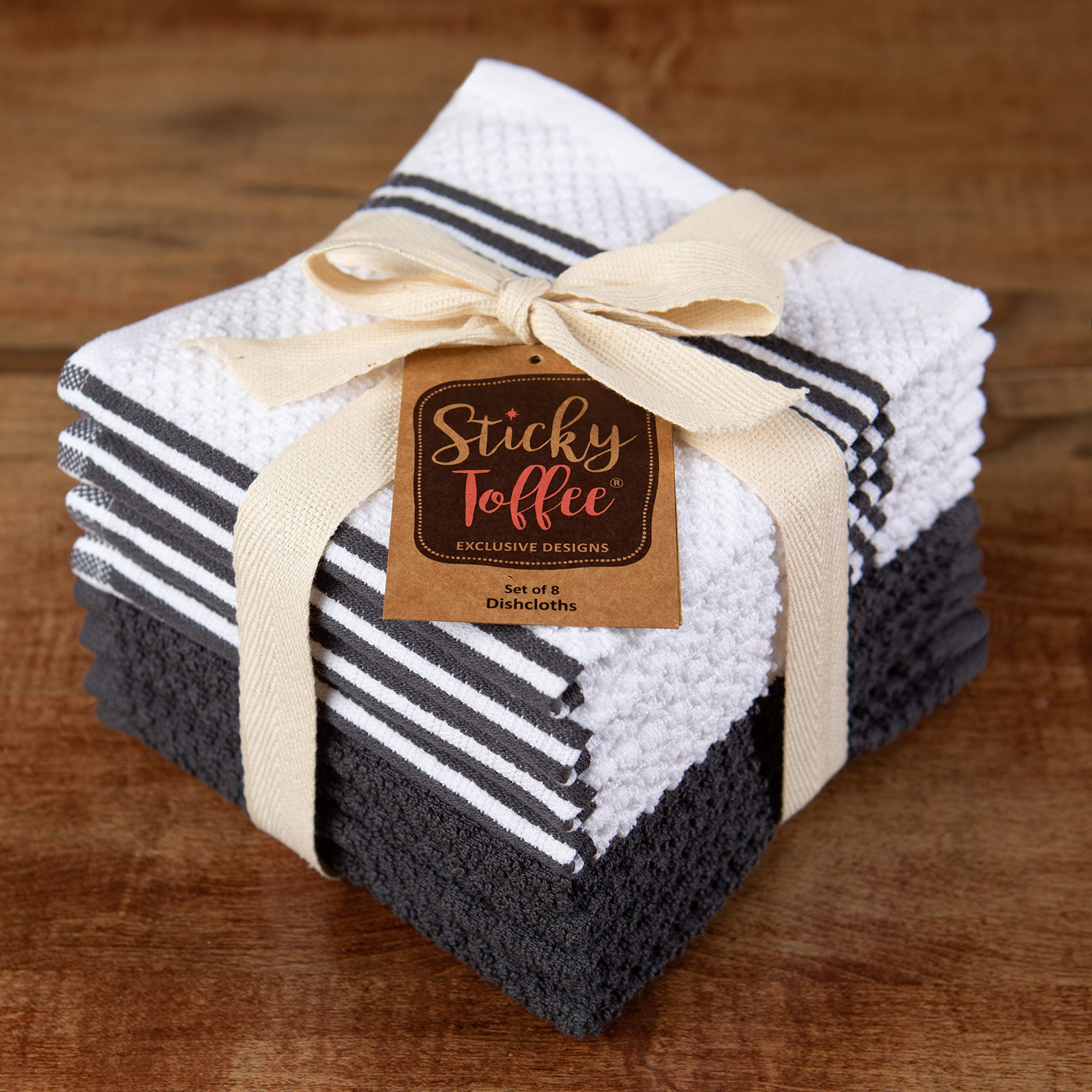 Sticky Toffee Cotton Kitchen Towels Dishcloths Set Of 8, Gray And White Tea Towels, Reusable And Absorbent Cleaning Cloths, Oeko