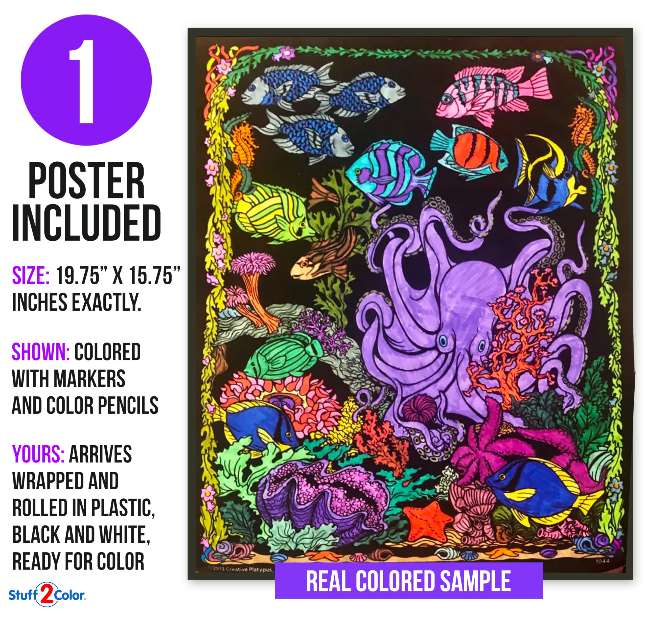 Stuff2Color Octopus Den - Fuzzy Poster - Arrives Uncolored - All Ages Coloring Fun For Kids And Adults - Perfect Indoor Activity