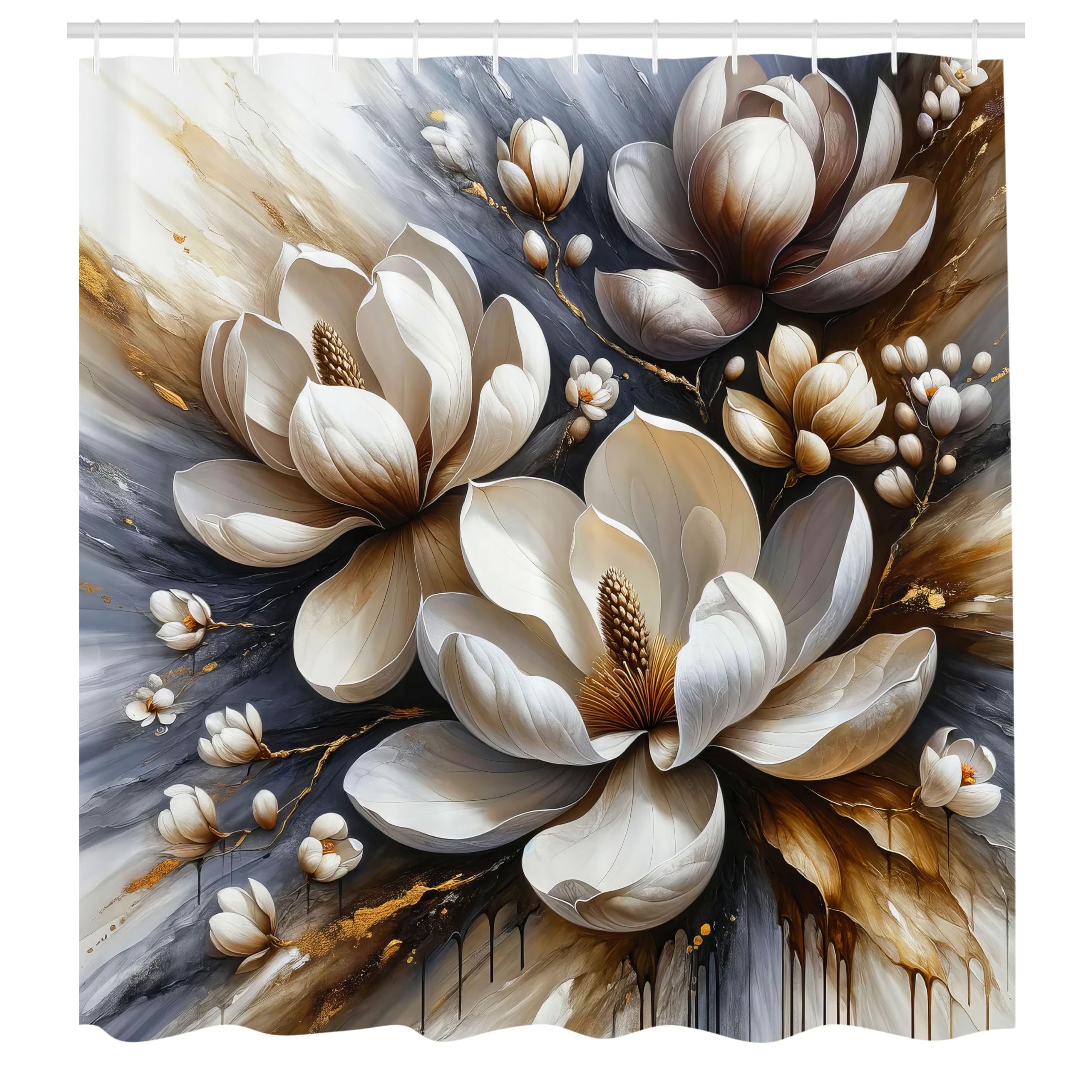 Ambesonne Brown Shower Curtain, Watercolor Design Floral Motif With Painting Style Magnolia Petals Grunge Back, Cloth Fabric Bat
