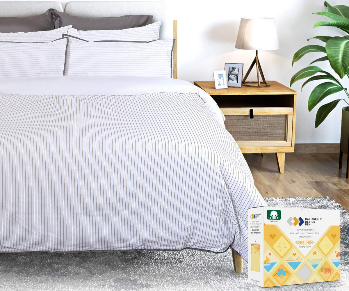 California Design Den 100 Cotton Striped Duvet Cover Set - Luxurious 400 Thread Count, Printed Bedding Set, Silky Sateen Weave,