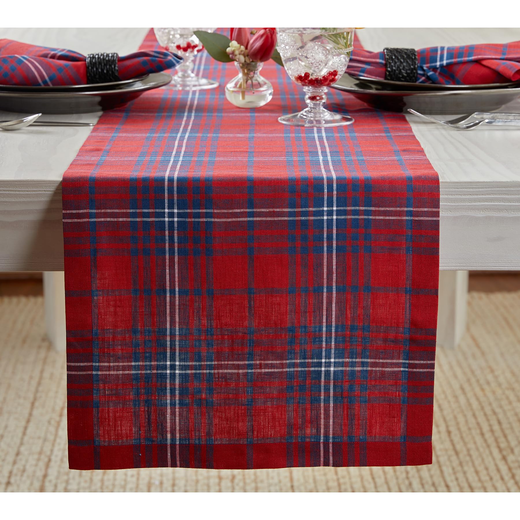 Solino Home Linen Tartan Plaid Table Runner 144 Inches Long - 100% Pure Linen Red and Navy Table Runner 14 x 144 Inch for Dining