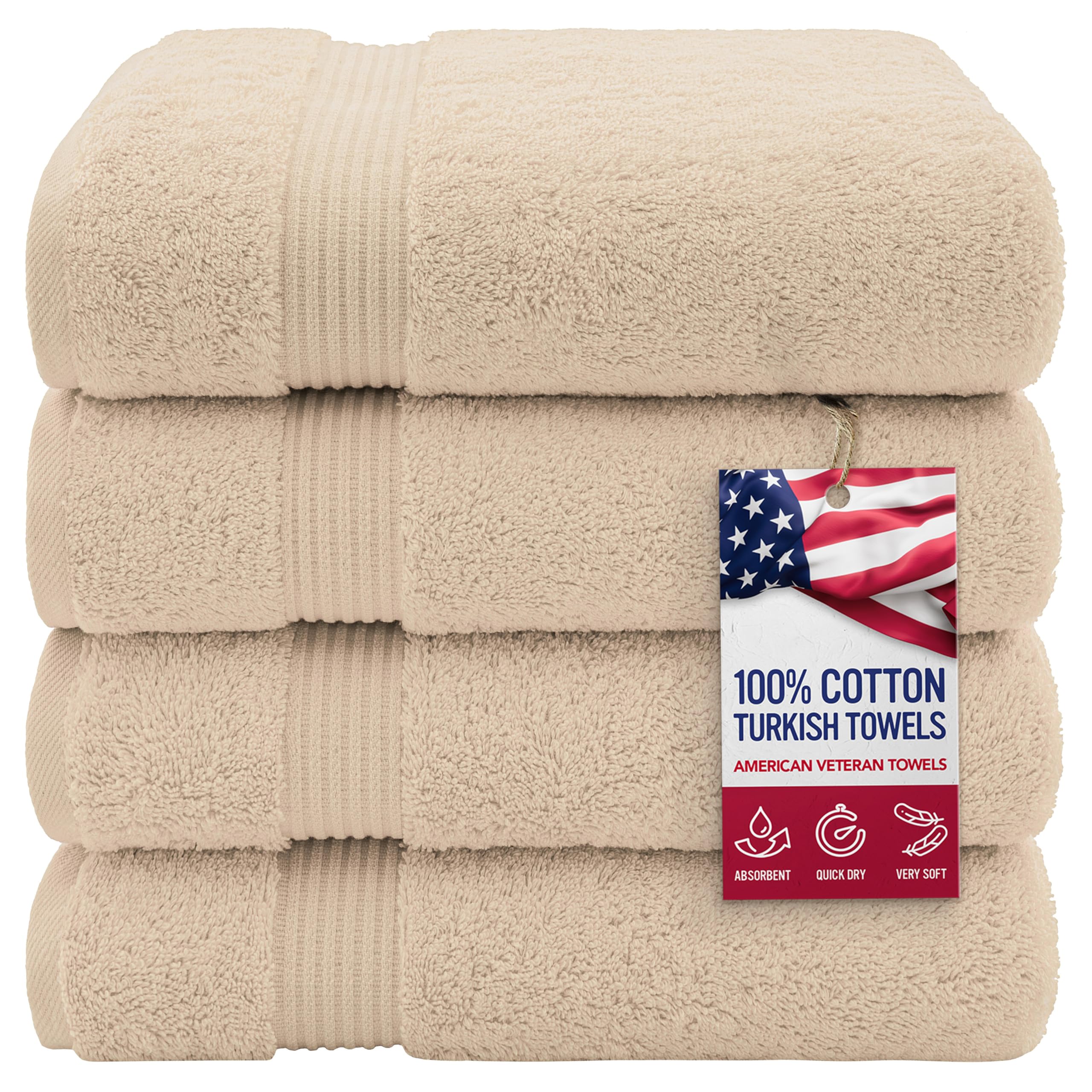 American Veteran Towel  Bath Towels for Bathroom  4 Packed 27 inch 54 inch 100% Turkish Cotton Large Bath Towels  Soft Absorbent Towel Sets  Beige Bath Towels